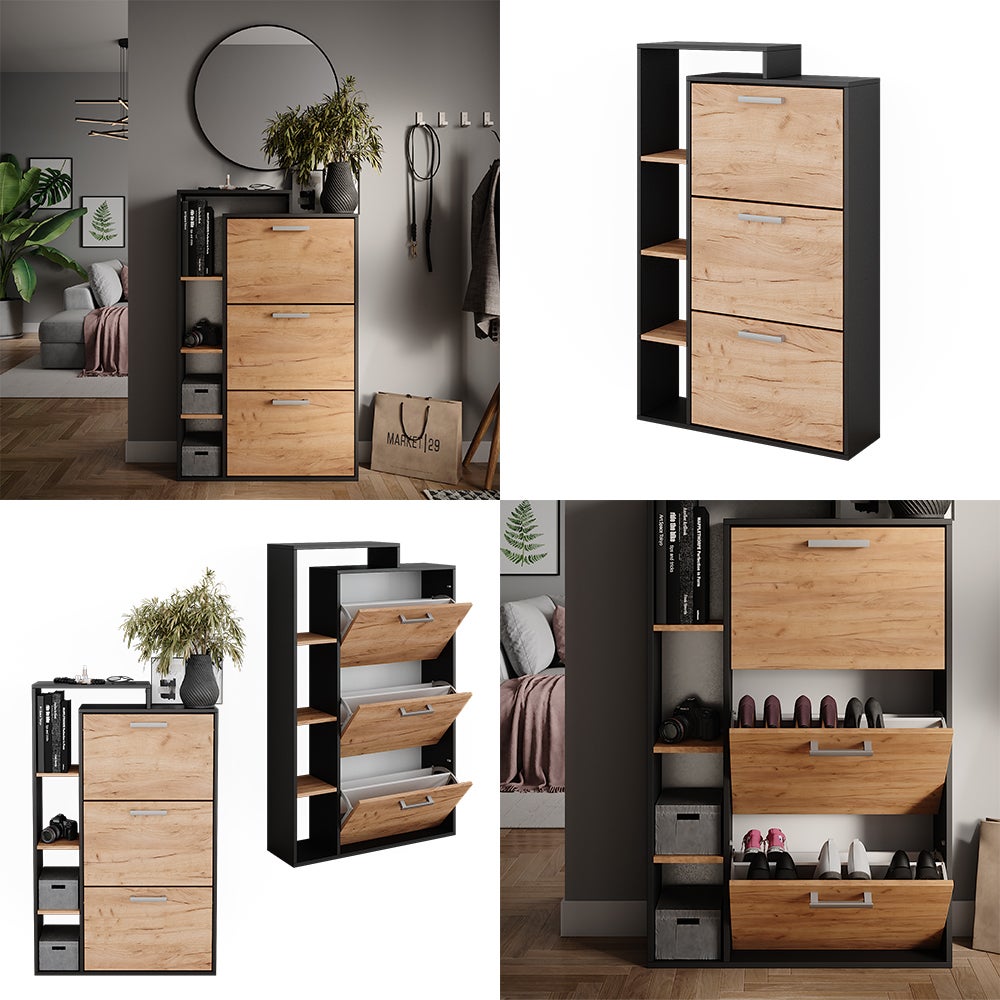 Vicco Meuble à chaussure Orlando, Chêne doré/anthracite, 80x128.3cm avec 3 compartiments - 8