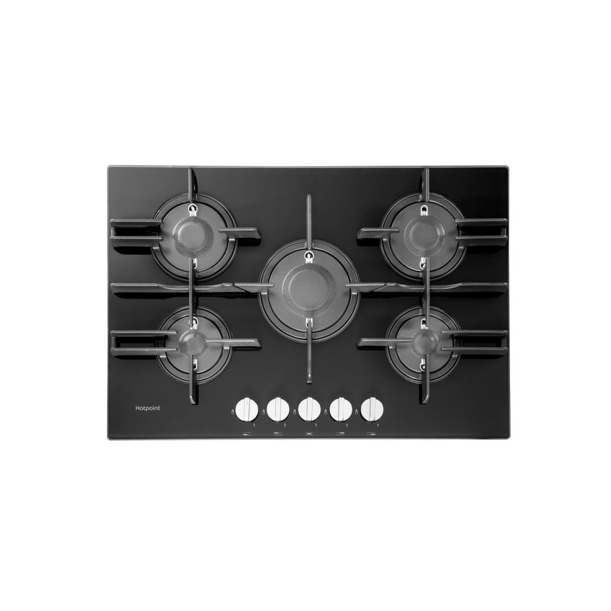 Placa de gas empotrada hotpoint ftghg 751 d/ha(bk) de 75 cm, color negro, 5 fuegos