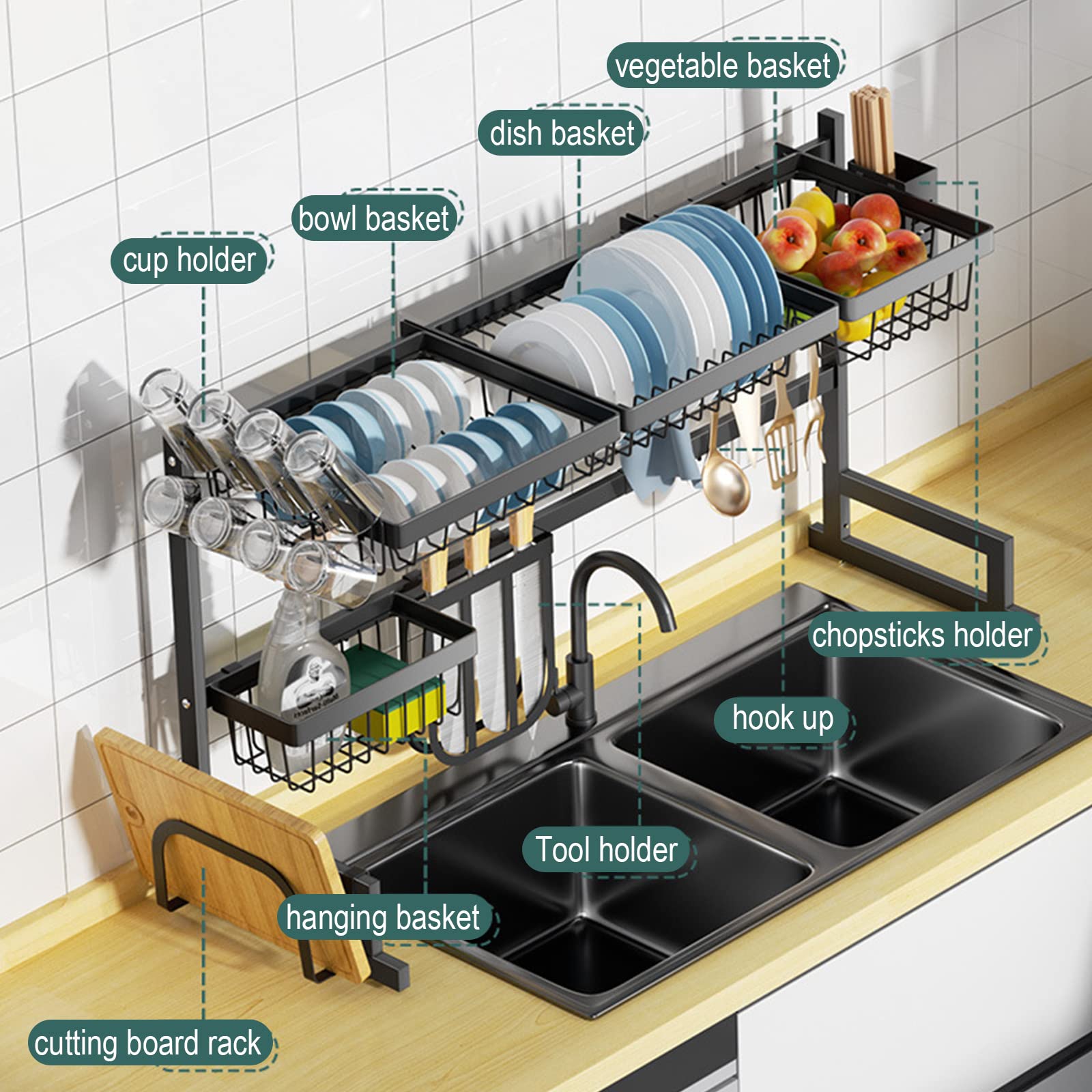Scolapiatti regolabile sopra il lavandino (65 - 85 cm), scolapiatti in acciaio inox a 2 livelli, grande scolapiatti sopra il lavandino, per bancone da cucina, organizer salvaspazio con 10 ganci