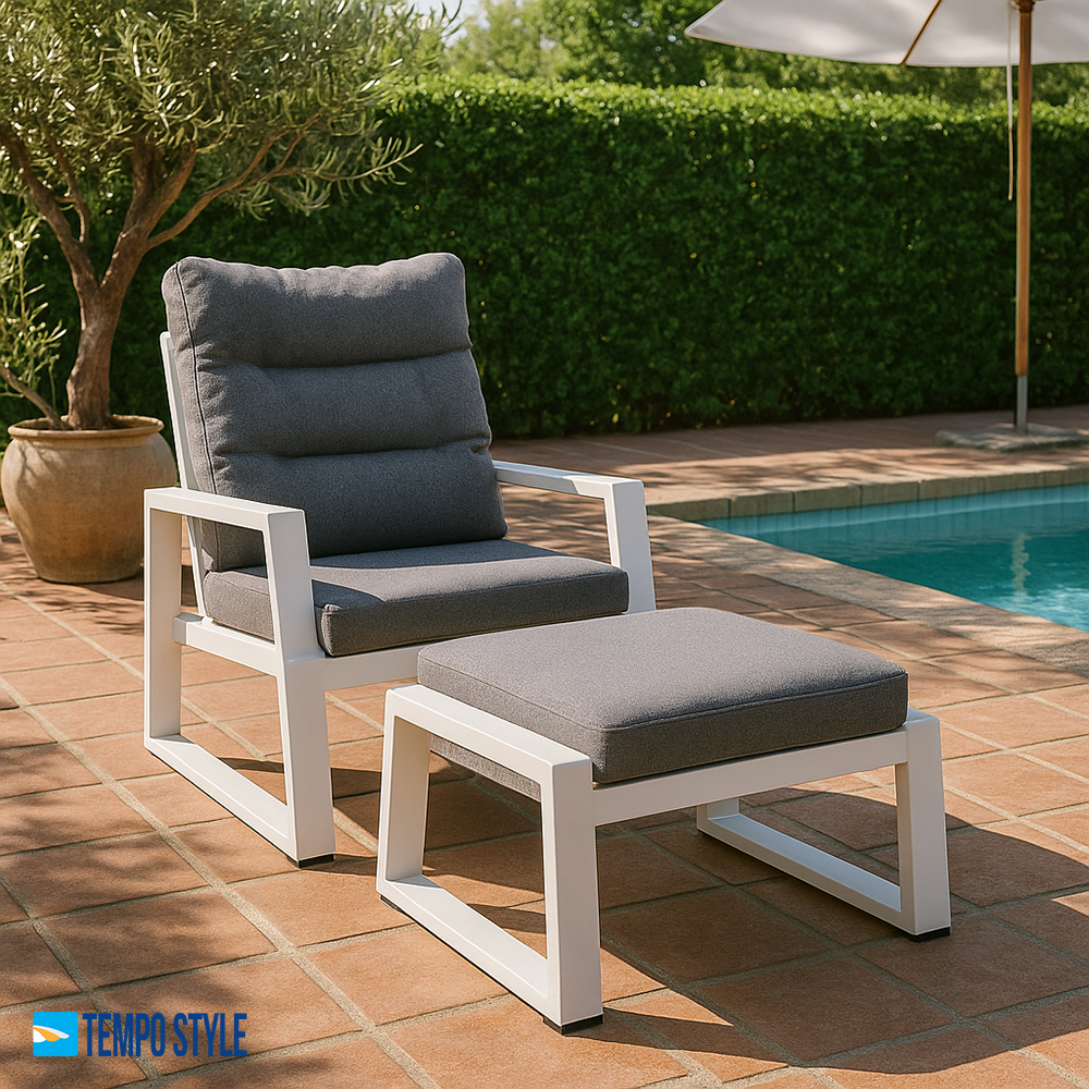 TEMPO STYLE - Puf MIKONOS w kolorze białym/szarym aluminium | Odporny na warunki atmosferyczne | Zdejmowana poszewka na poduszkę - 6