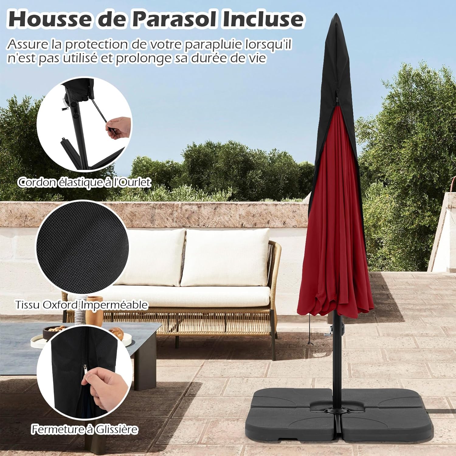 Parasol Déporté 3x3m avec Housse, Grand Parasol de Jardin Exterieur,8 Baleines et Base Croisée, Parasol Inclinable Suspendu avec Manivelle(Rouge) - 6
