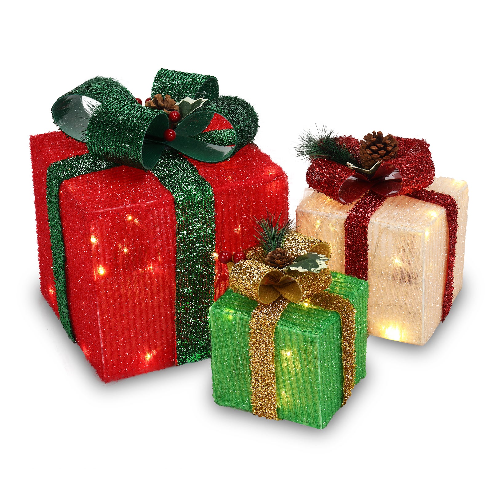 Lot De 3 Cadeaux Lumineux Noël 140 LED - Boîtes Cadeaux Illuminées 8 Modes Avec Minuterie