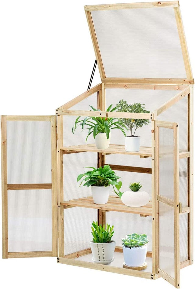 Mini Serre en Bois 60x45x100CM Vitrages Transparents en Polycarbonate Plateau Supérieur Amovible avec Etagères à 3 Niveaux pour Jardin/Porche
