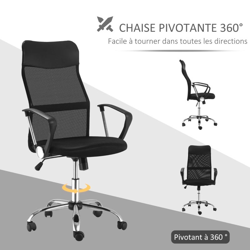 Fauteuil de bureau manager grand confort dossier ergonomique hauteur assise réglable pivotant tissu maille noir - 5