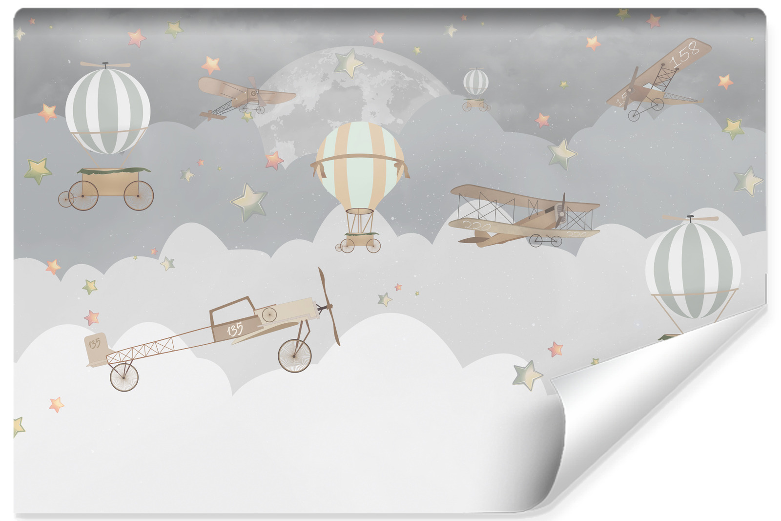 Papel pintado fotográfico no tejido para habitación infantil nubes aviones estrellas 520cm x 318cm