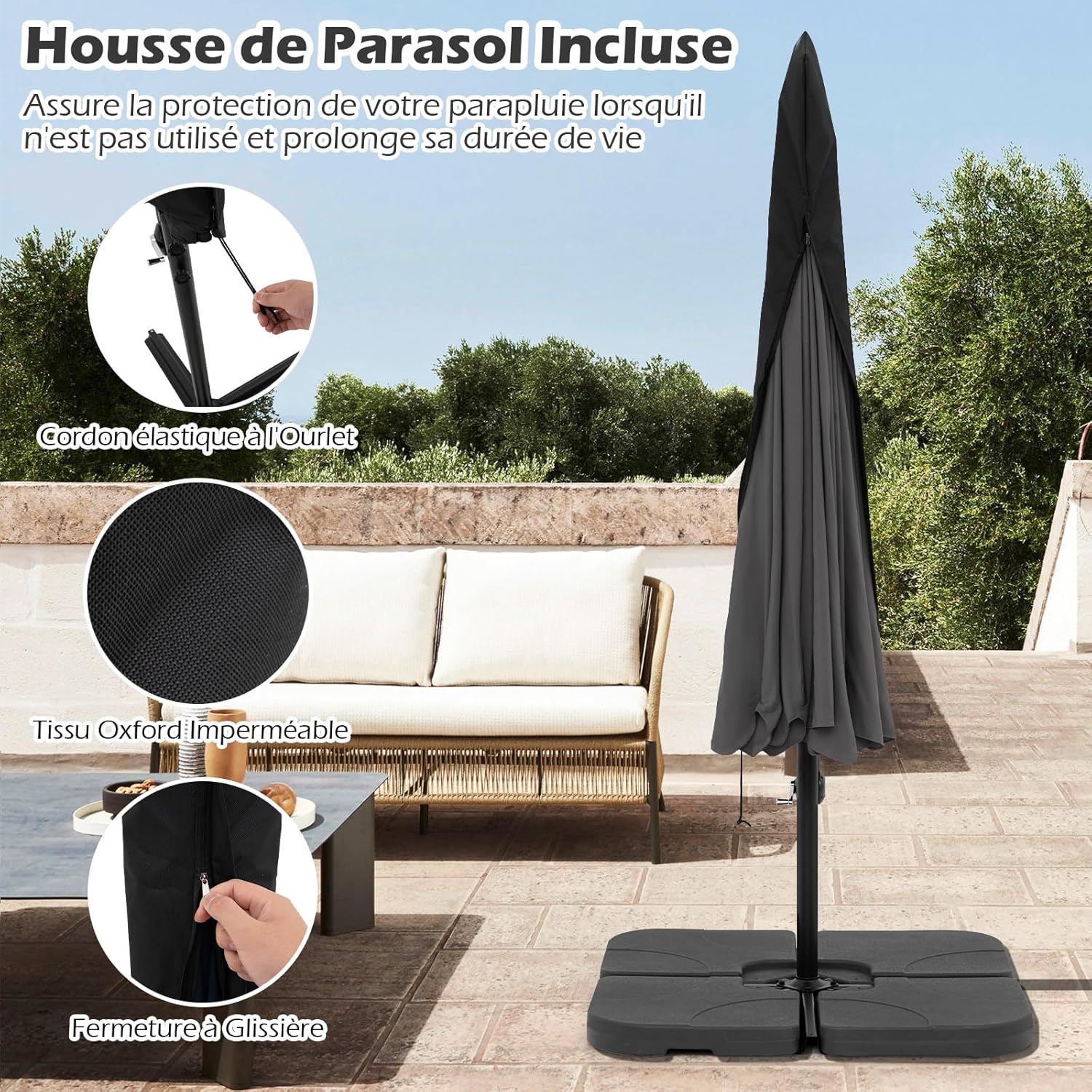 Parasol Déporté 3x3m avec Housse, Grand Parasol de Jardin Exterieur,8 Baleines et Base Croisée, Parasol Inclinable Suspendu avec Manivelle(Gris) - 6
