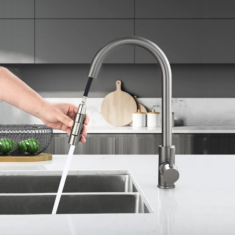 Szary kran kuchenny z 2 funkcjami, wyciągana słuchawka, bateria kuchenna obrotowa o 360° ze stali nierdzewnej