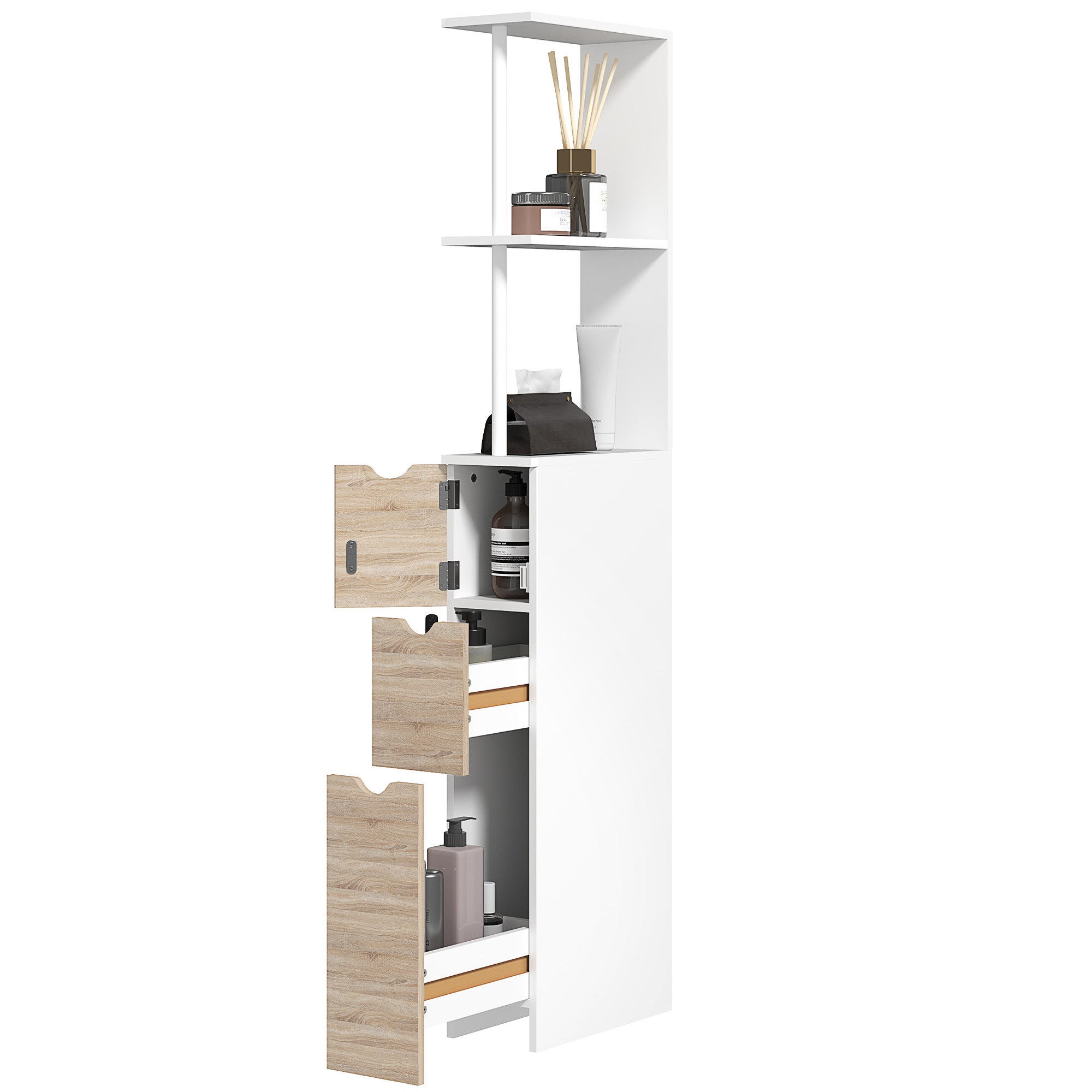 Meuble colonne salle de bain armoire de salle de bain avec tiroirs étagères ouvertes placard 15 x 33 x 136,8 cm blanc - COMFORTXL - 2