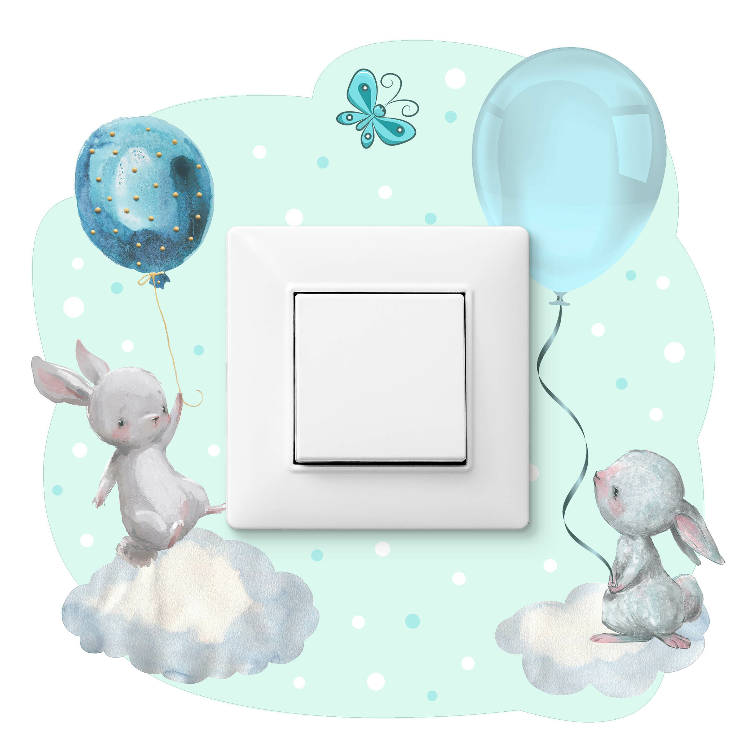 Muralo Naklejka Pod Włącznik KRÓLIKI Balony Chmurki Groszki 20x20 cm Naklejka Dla Dzieci