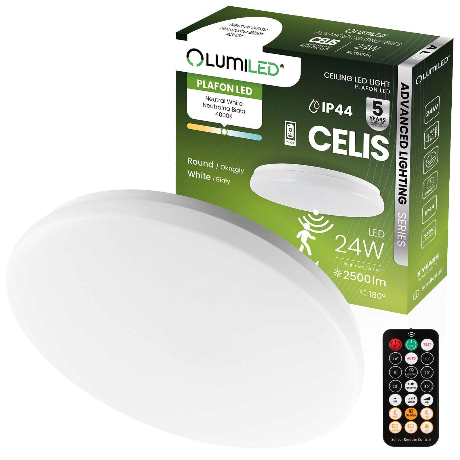 Plafon LED Lumiled Lampa Sufitowa Natynkowa 24W 4000K Neutralna biel Okrągły IP44 z Czujnikiem Ruchu 1 szt.