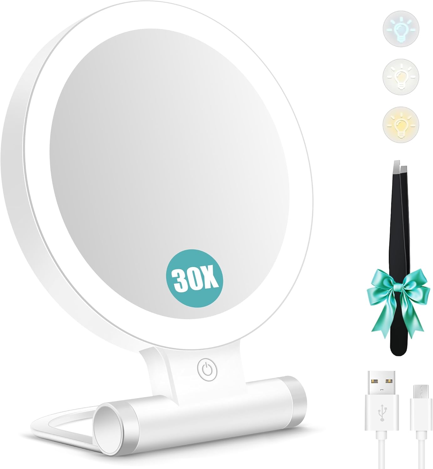 Dwustronne lusterko powiększające 1X/10X z oświetleniem, 3 tryby oświetlenia, regulowana jasność 2000 mAh, podróżne lusterko do makijażu