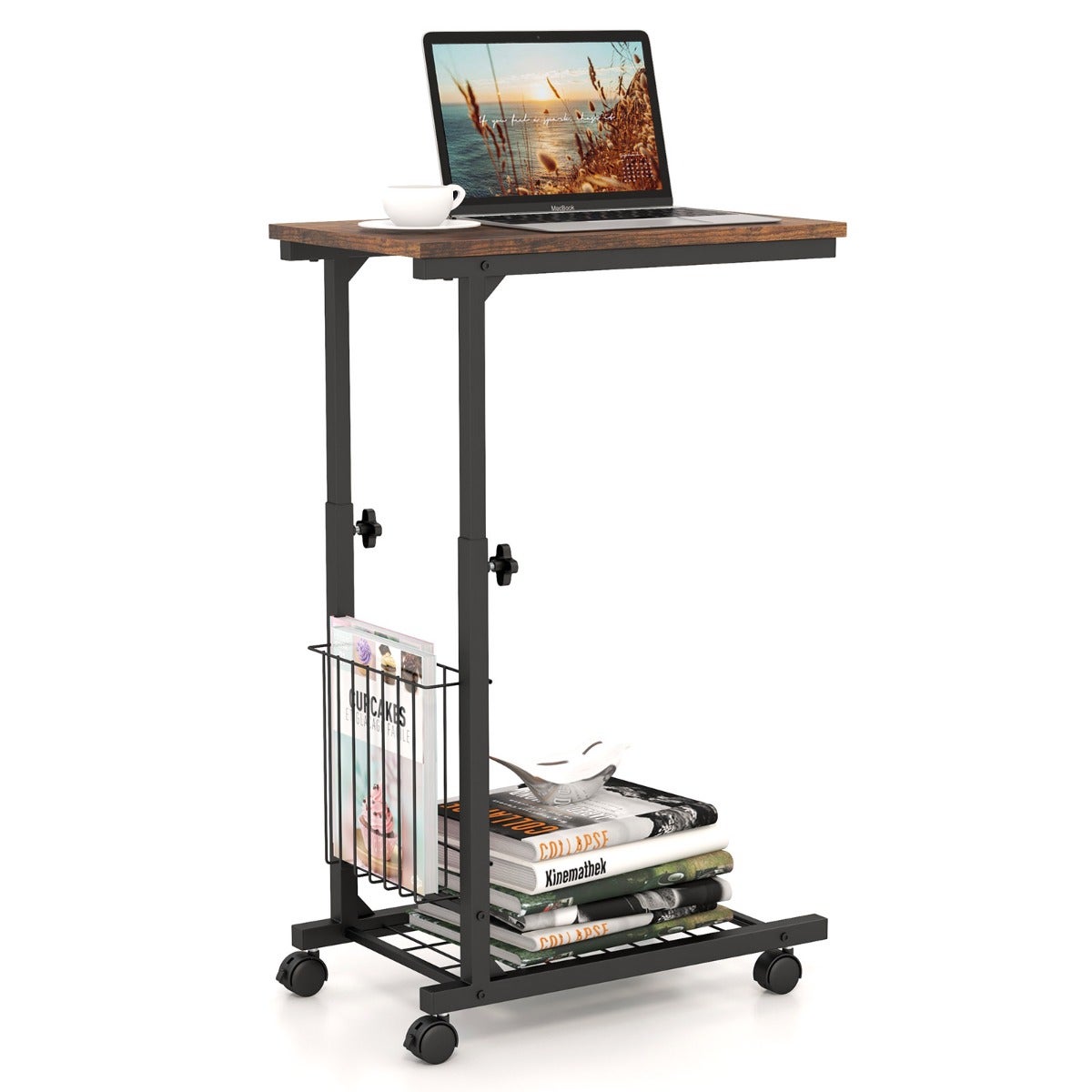 HUOLE Table d'appoint pour Salon,canapé,extérieur,Réglable en Hauteur,Bout de canapé avec 4 roulettes Verrouillables Support PC pour Salon Bureau Chambre Bureau,56,5 * 37*/95cm-Noir