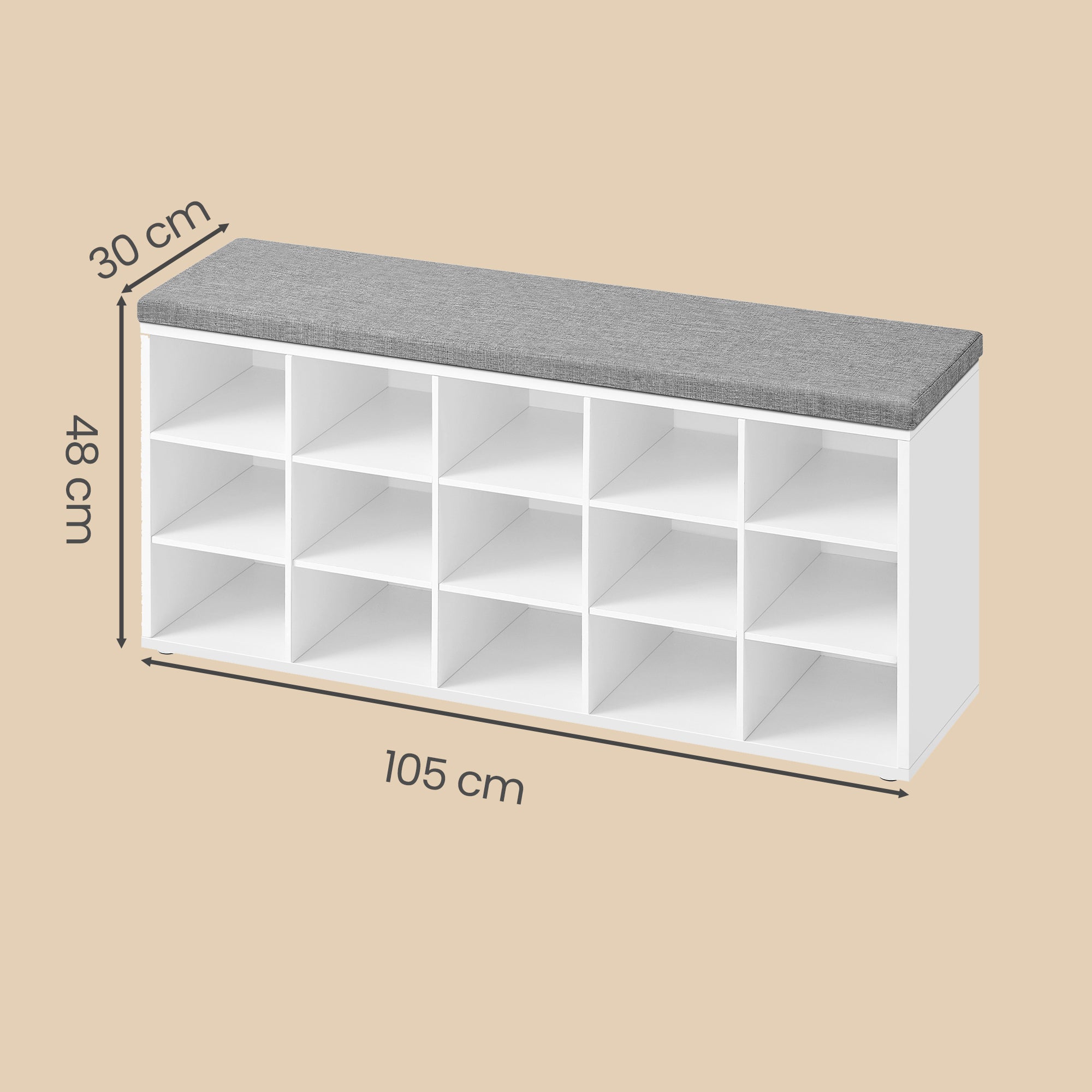 Banc à Chaussures, Banc de Rangement avec Siège Rembourré, 15 Compartiments, Étagères Réglables, pour Salon, Couloir, Blanc - 5