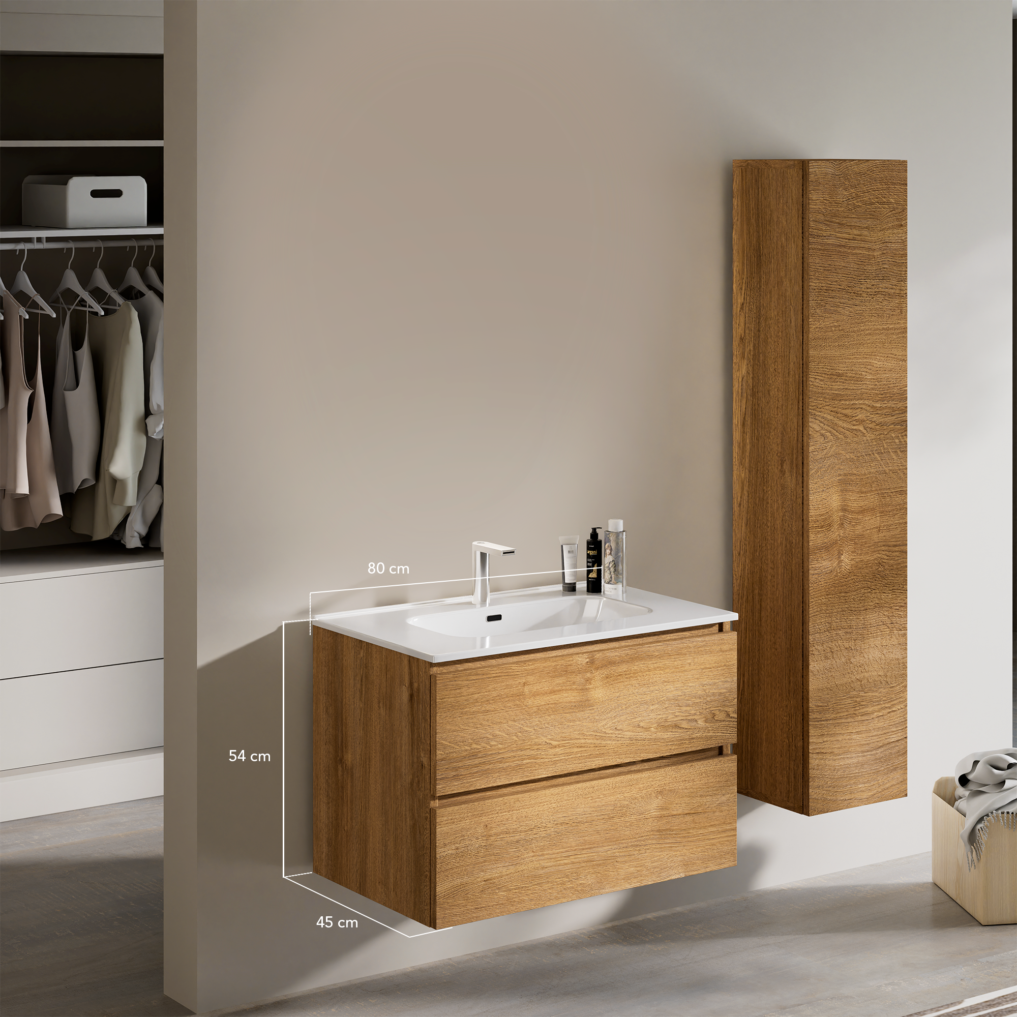 Feel Your Bath, Meuble Salle de Bain Couleur Bois 80cm avec Vasque en Céramique Blanc Brillant – Élégant et Facile à Poser - 2