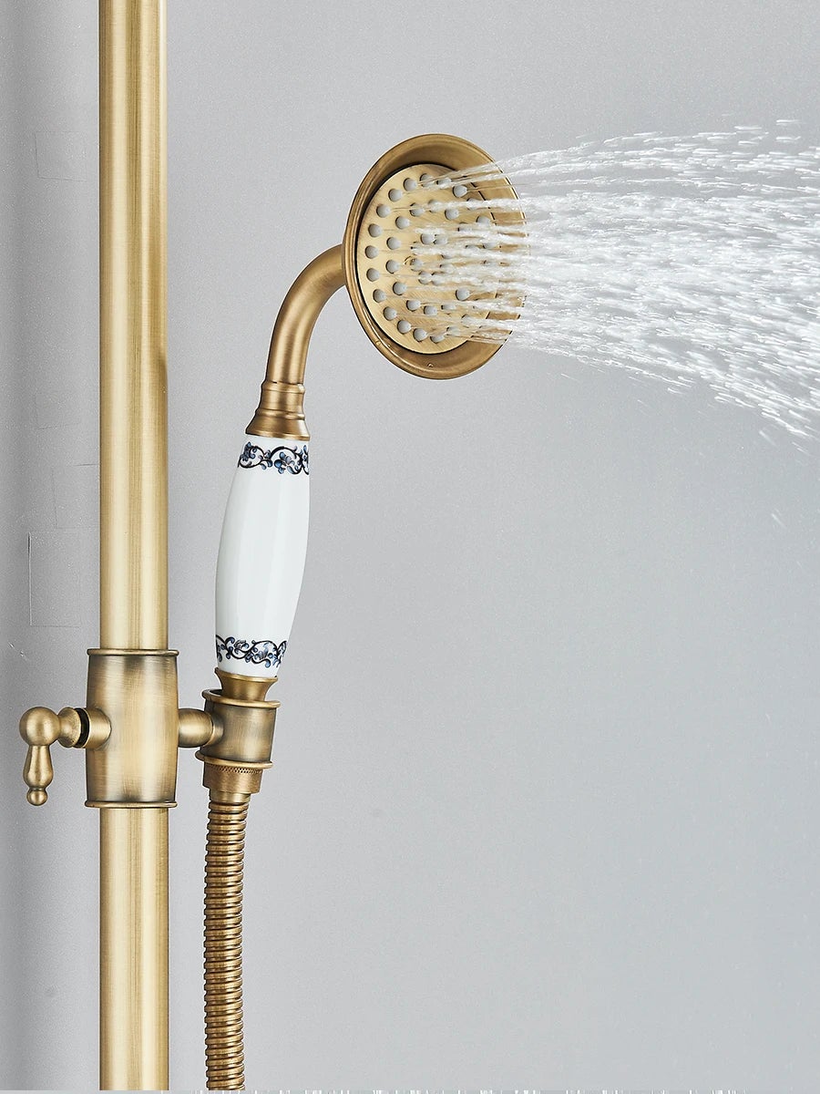 Colonna doccia in ottone anticato, set rubinetto doccia con portaoggetti, doccia a pioggia con doccetta e bocca per vasca, altezza regolabile - 8