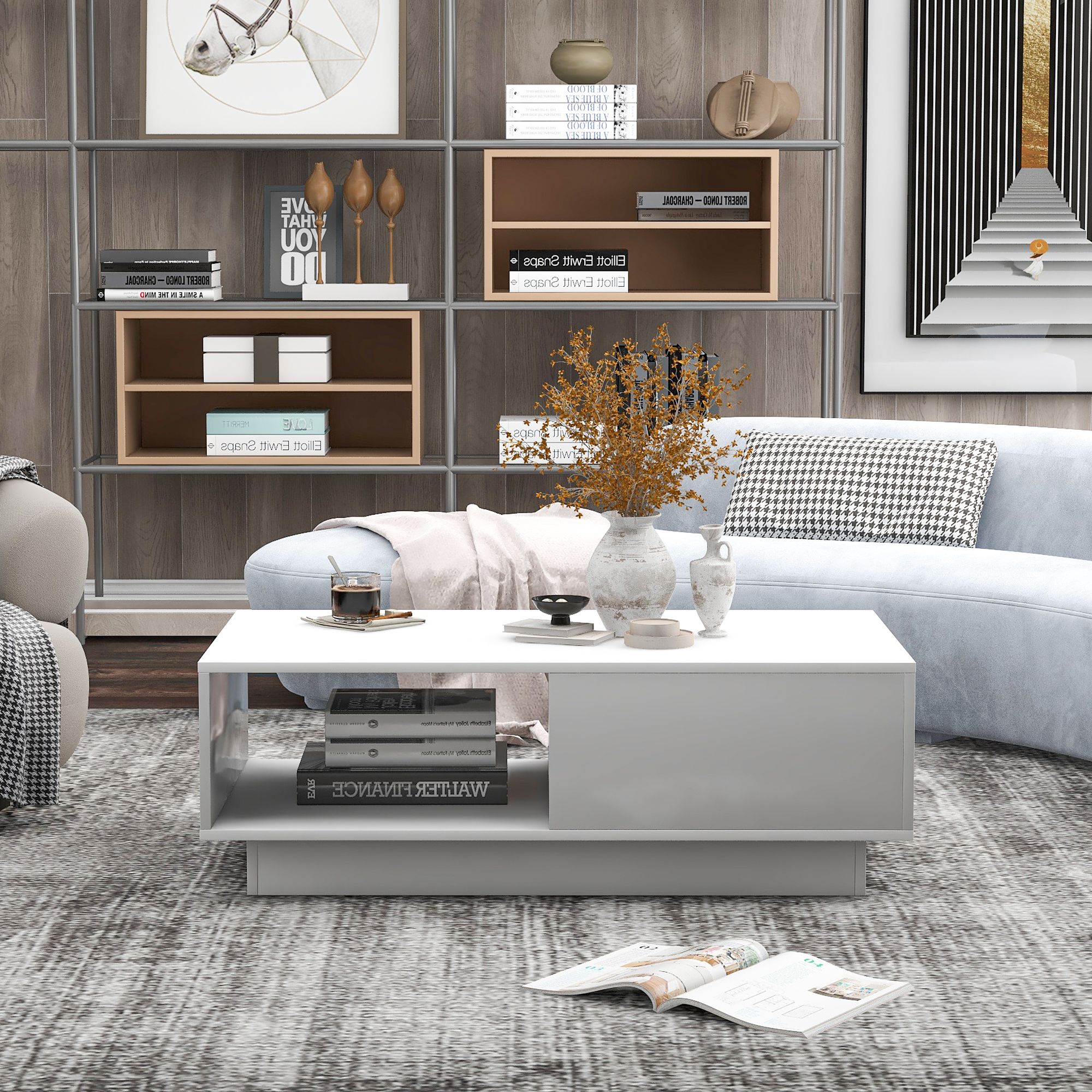 Tavolino da Salotto Lucido 95x55x32cm con LED 15 Colori Bianco Arredamento Moderno - 7