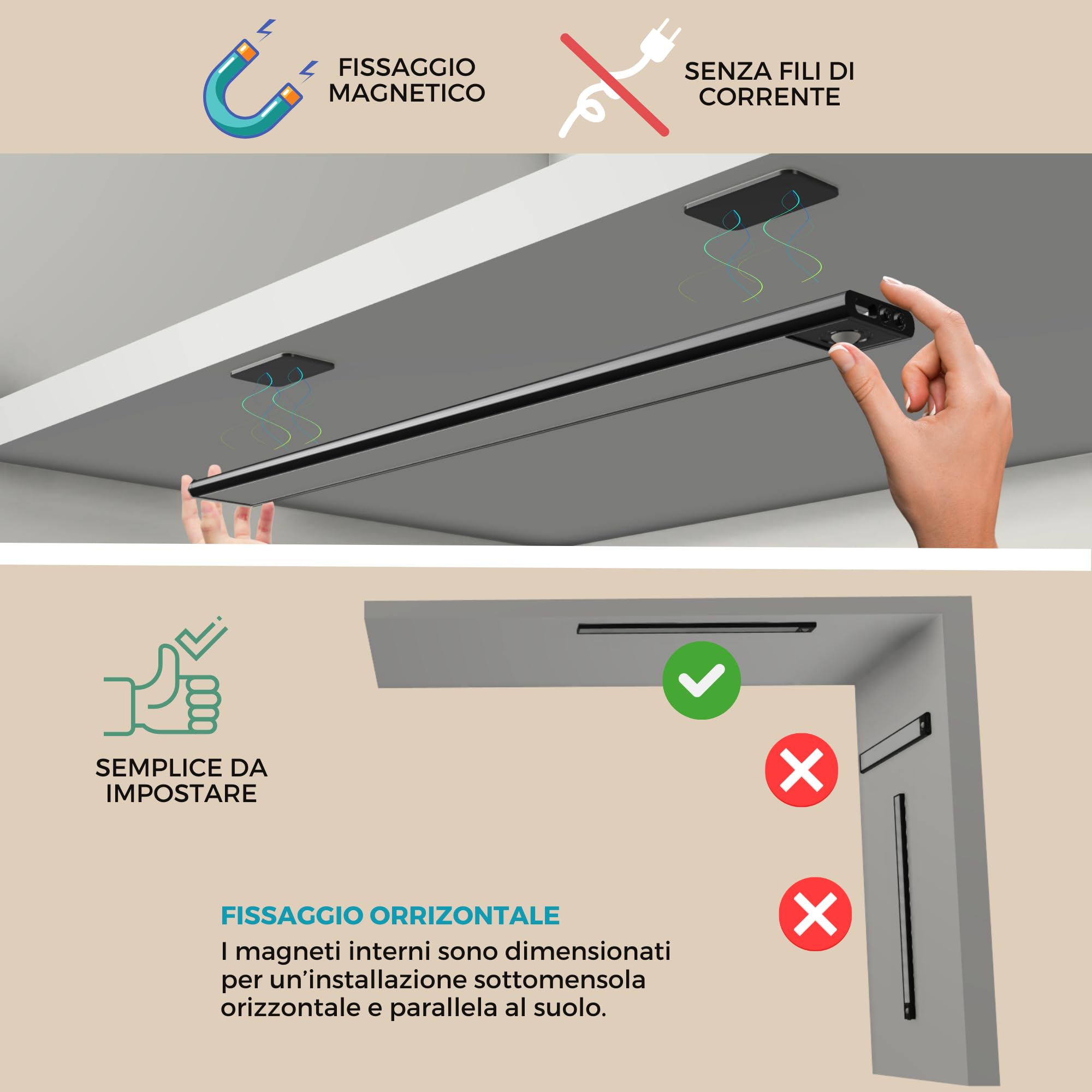 HOMPLEMENT Luce LED per Armadio con Sensore di Movimento 40 cm – Barra LED Magnetica Ricaricabile USB e regolabile con 3 Tonalità di Luce - Nero - 5