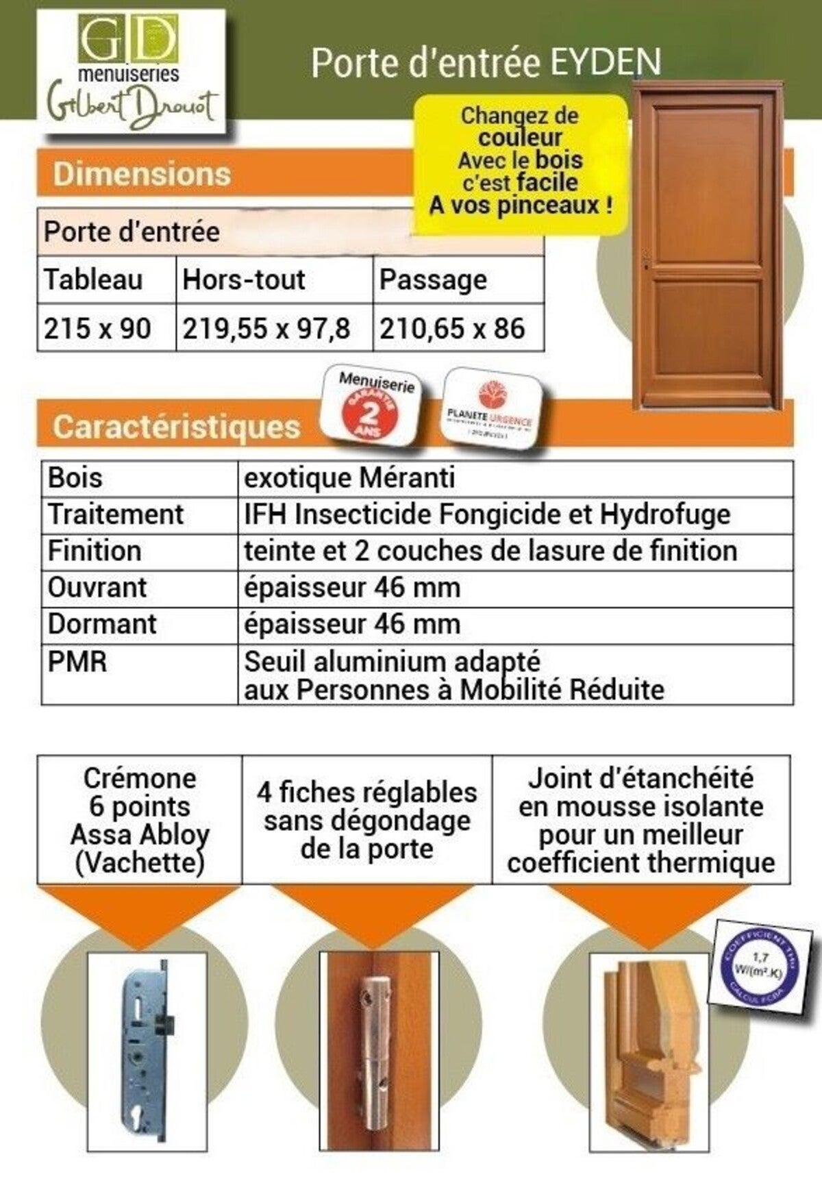 Porte D'entrée Bois Pleine Eyden, H215 X L90 Cm Côte Tableau P, Droite Gd Menuiseries - 4