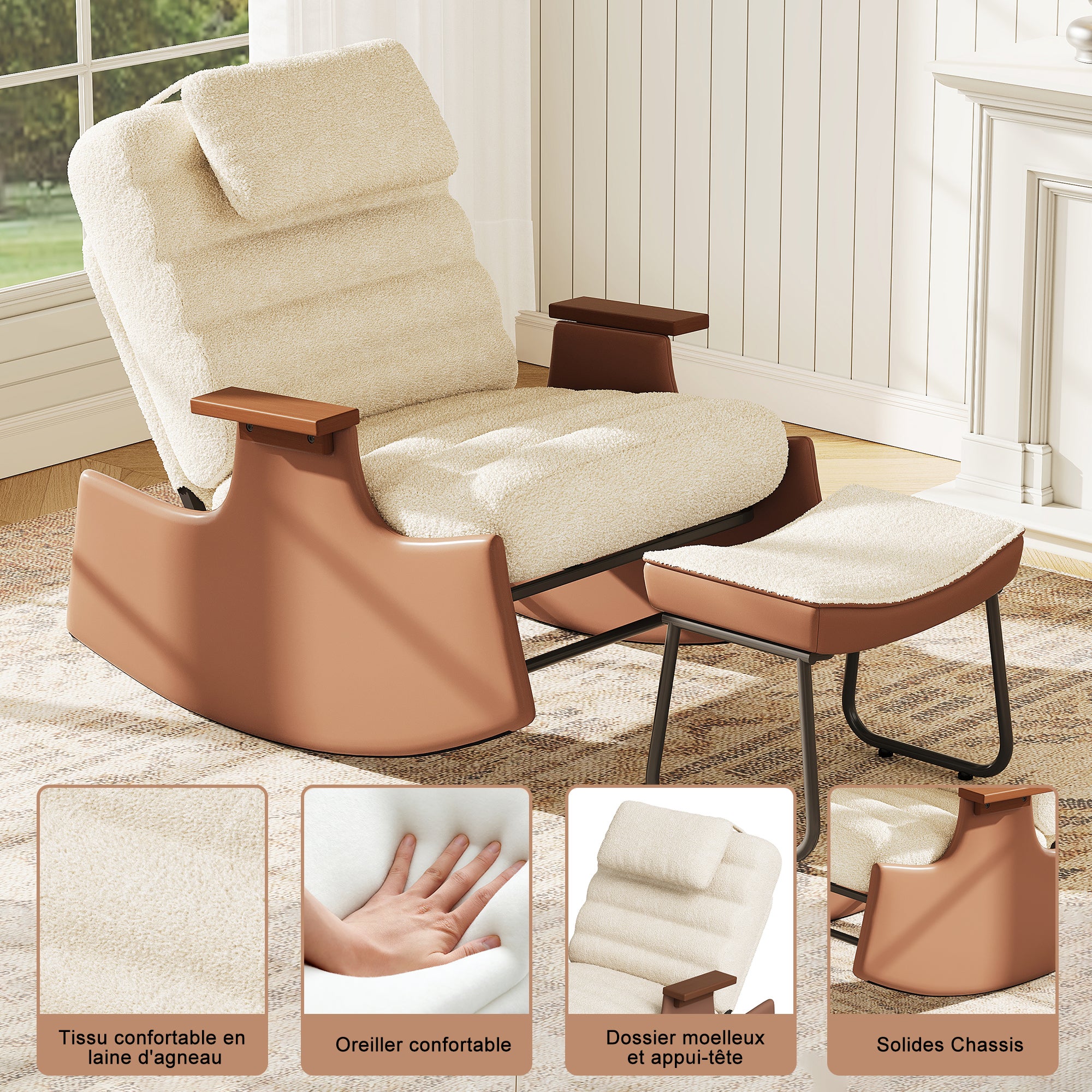 Fauteuil a Bascule avec Repose Pieds, Chaise a Bascule Allaitement Réglable 3 Positions Rocking Chair Intérieur Extérieur avec Coussin, Laine d'agneau - 4