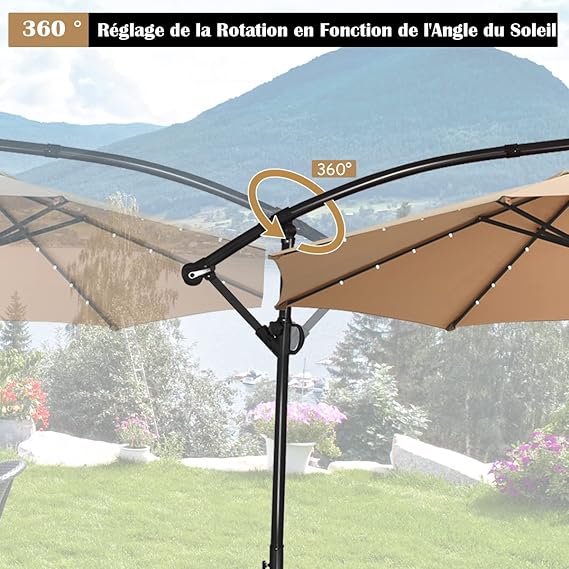Parasol de Jardin D.300CM Rotatif à 360°-Parasol Inclinable avec 8 Baleines et 32 LED Solaires,pour Jardin/Terrasse,Beige - 3