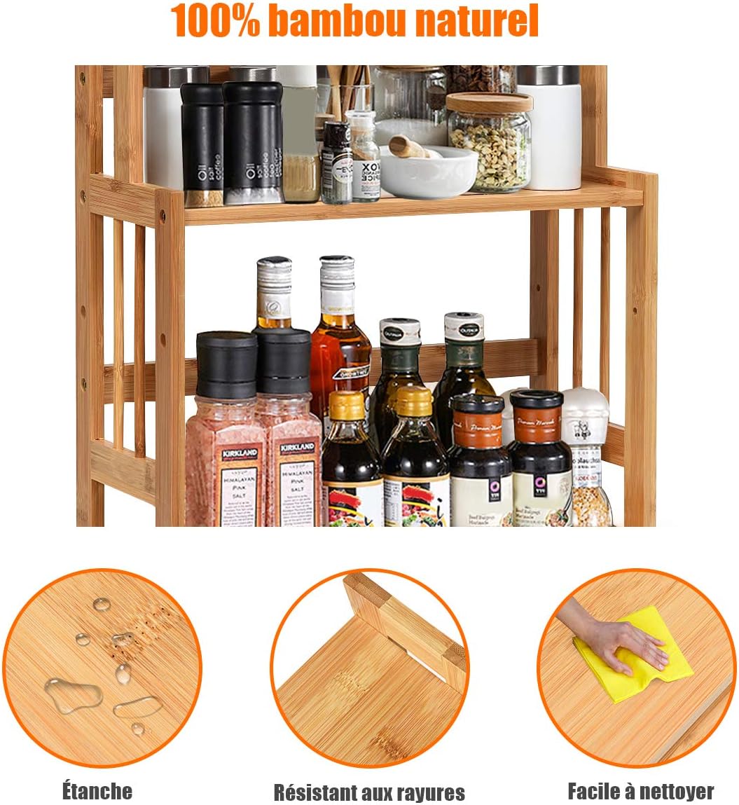 Porta Spezie a 3 Ripiani, Portaspezie Mensola per Cucina Bagno e Toletta, Organizzatore Supporto Porta Spezie in Legno bambù, Carico 20kg, 50 - 7