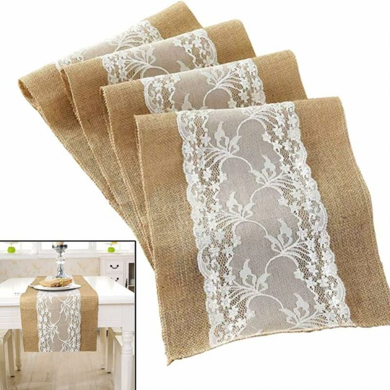 Camino de mesa rústico vintage de 30x275cm, mantel de arpillera blanca, camino de mesa de arpillera de encaje, decoraciones para el hogar de navidad e