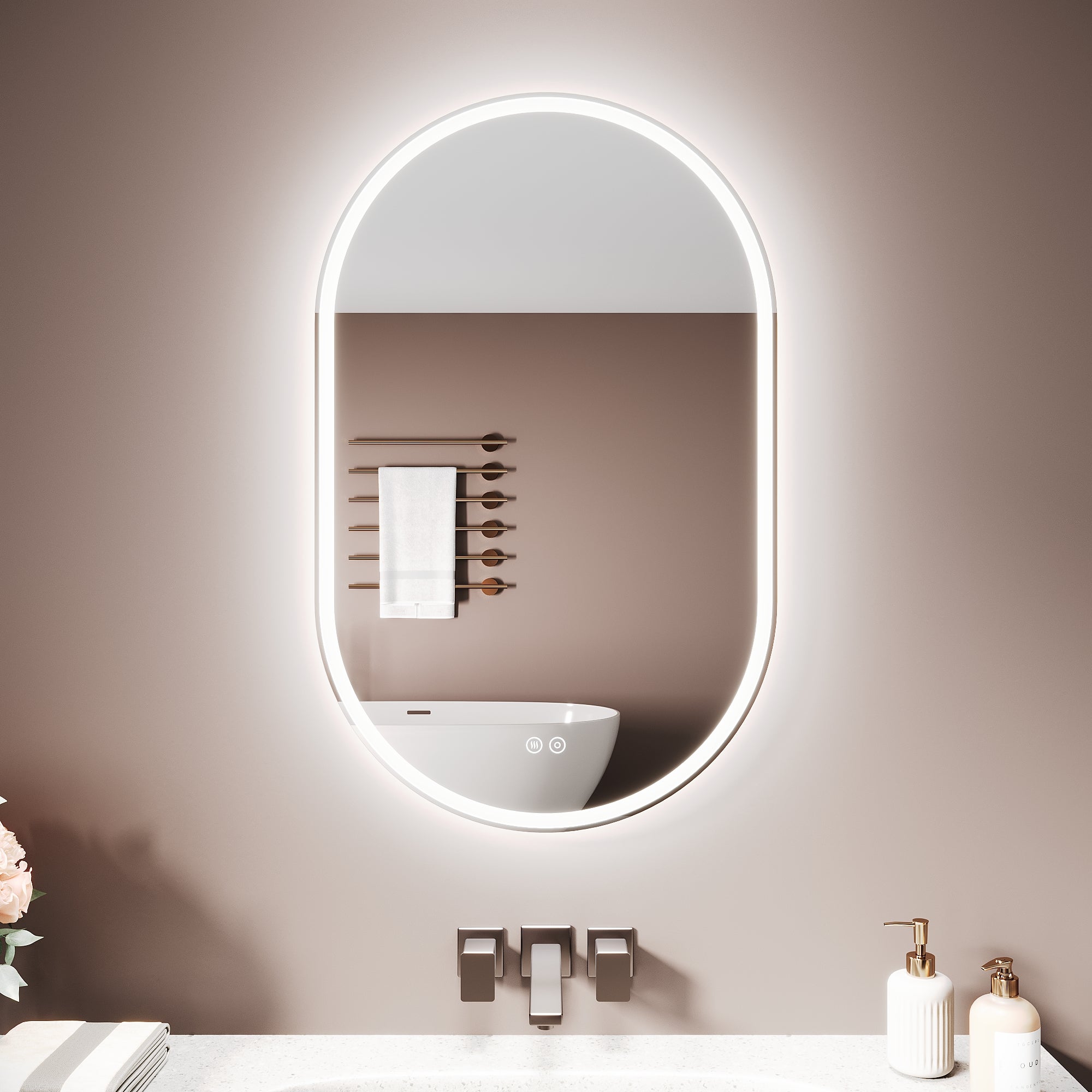 Sirhona espejo de baño 60x90cm, anti-vaho localizado, iluminación led 3 tonos & regulable, enchufe para maquinilla, diseño ovalado vidrio 4mm