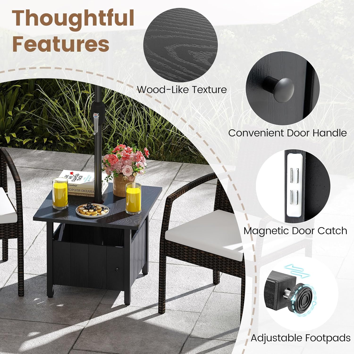 Table de Jardin avec Trou pour Parasol de 4,8 cm, Table d'Appoint Carrée avec 2 Sacs de Sable, Coussinets de Pieds Réglables et Rangement, Noir - 6