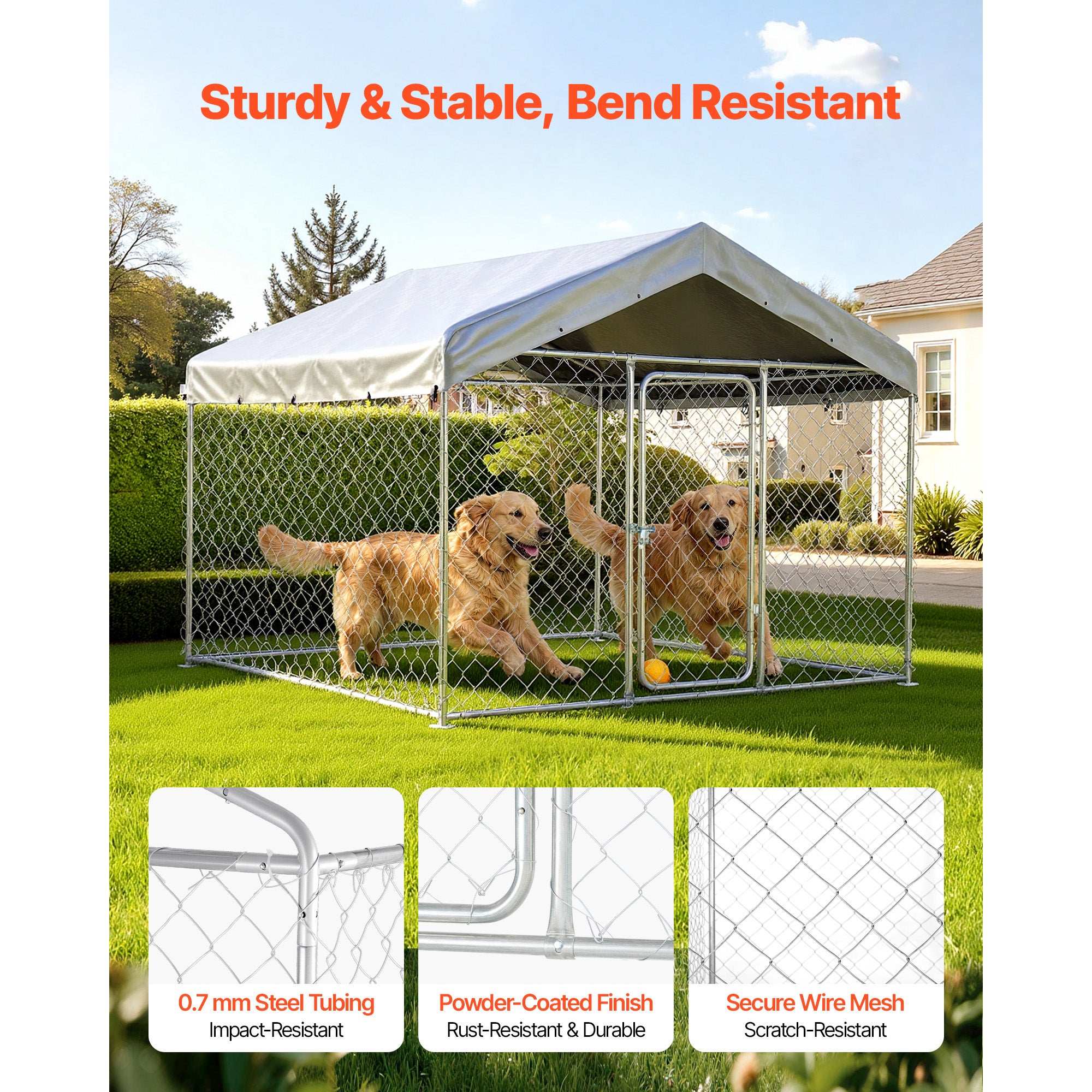 Canil exterior SucceBuy 2x2x1,6 m com cobertura, resistente e à prova de intempéries, cercado para cães de grande porte com capa de PE prateada - 2