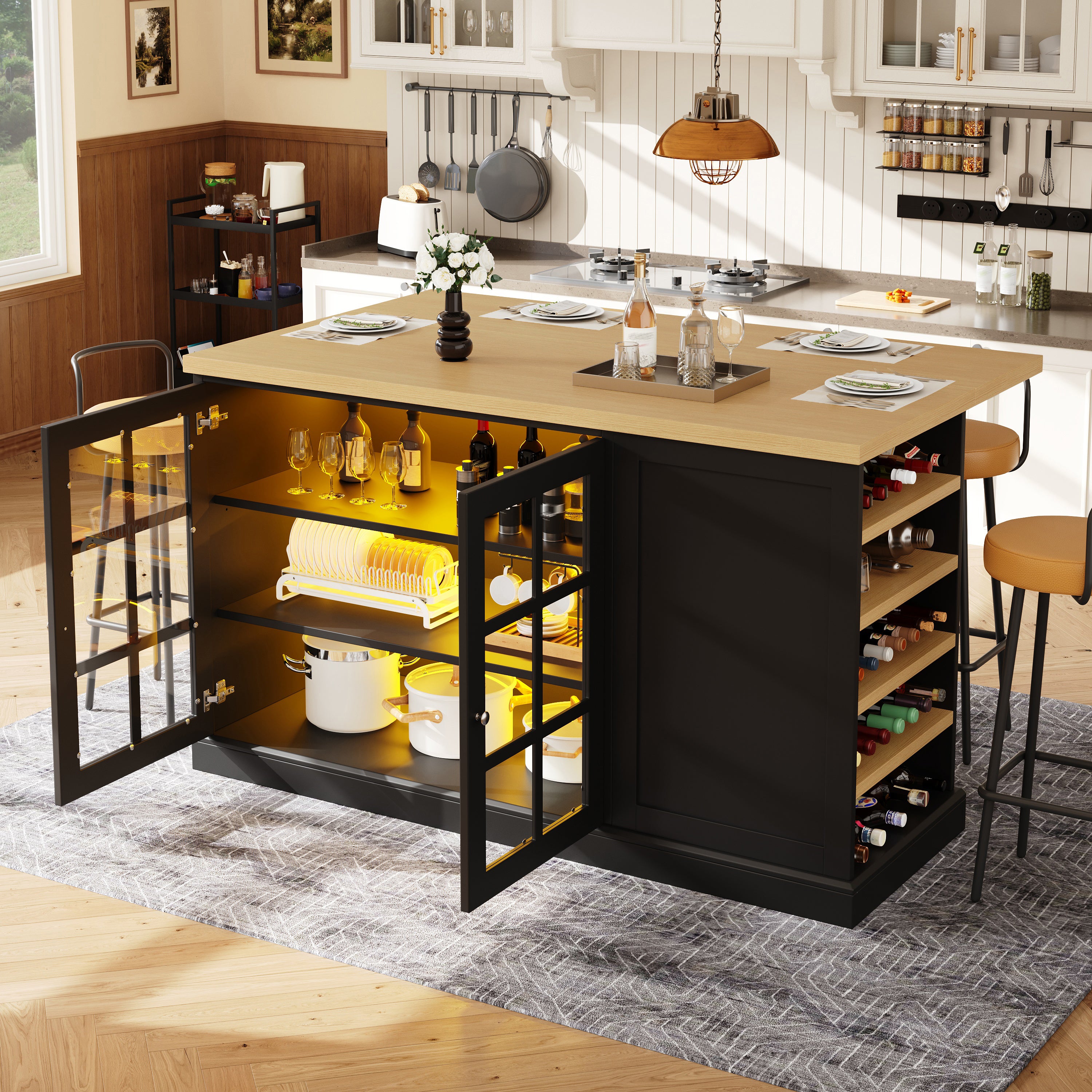 Mesa de cocina 120x40-70x90 cm con led multicolor, botellero inclinado, mdf negro