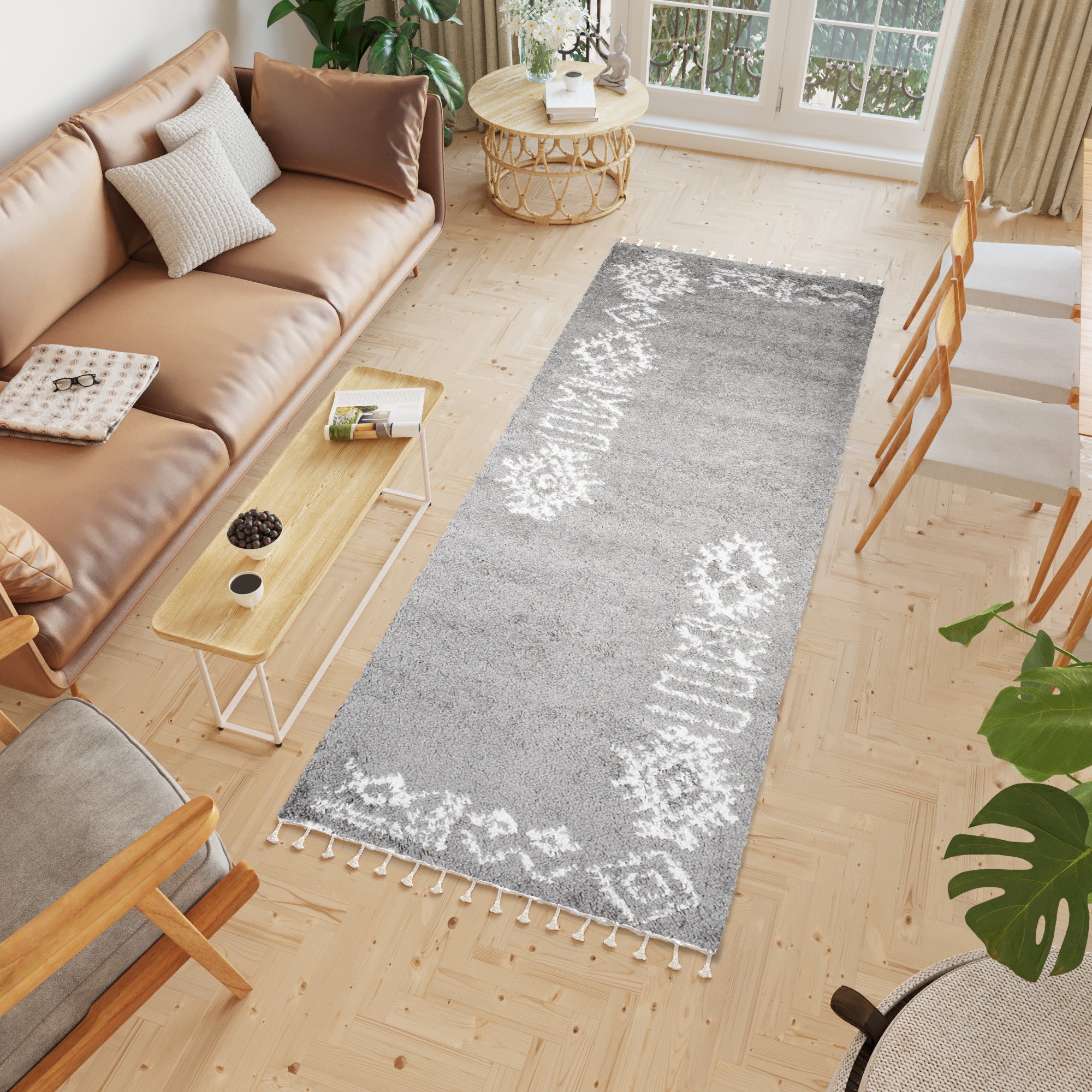 Tapiso boho alfombra de pasillo dormitorio gris oscuro crema étnico flecos suave shaggy 100 x 150 cm