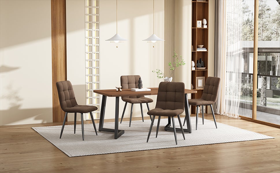 Ensemble table à manger avec 4 chaises en velours - 117 x 68 x 75 cm - MDF et pieds en métal doré - Noyer + marron - 2