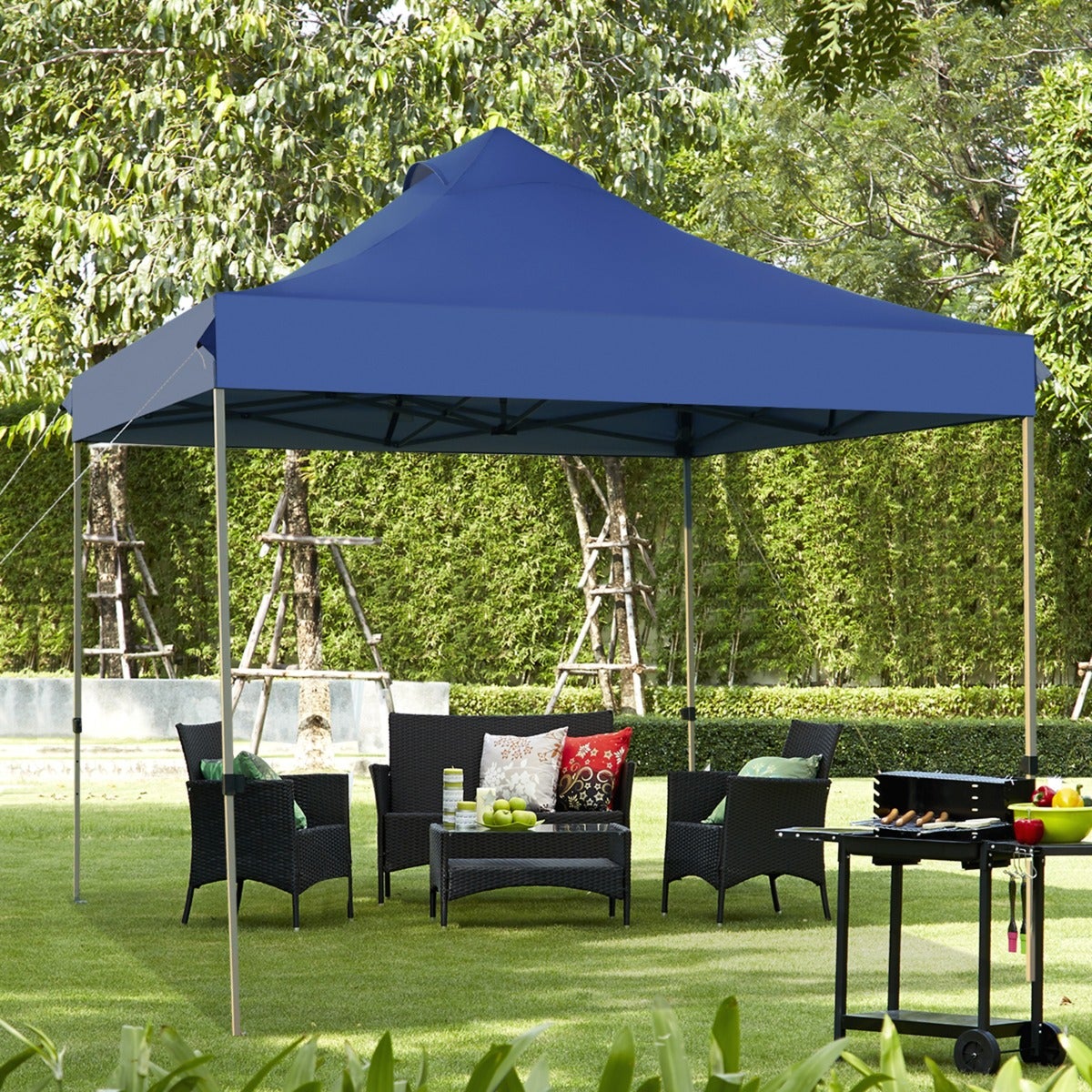 Carpa dosel desplegable 3x3m toldo portátil impermeable con bolsa ruedas 3 alturas ajustables jardín azul