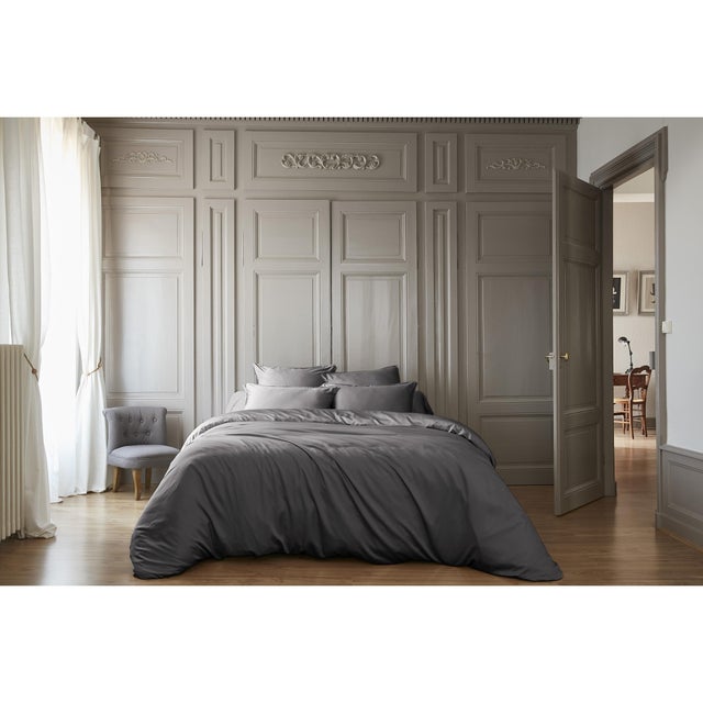 Pack Housse de couette 240 x 220 cm bambou de satin 120 fils Salomé + Drap housse 140 x 190 cm Anthracite