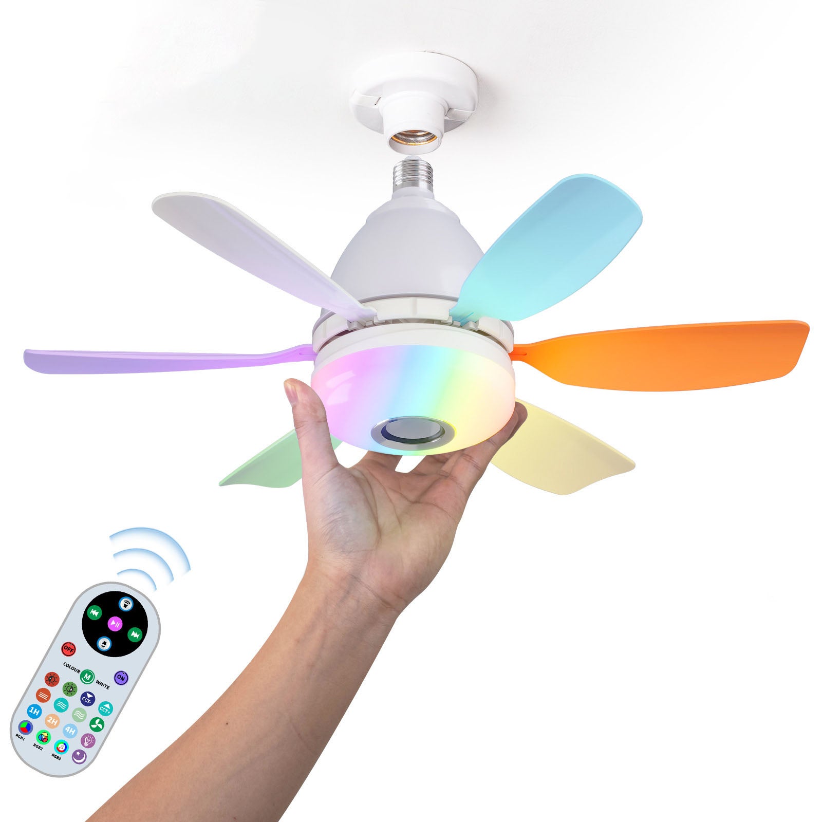 Wentylator sufitowy RGB z regulowaną prędkością, cichy wentylator sufitowy, timer, przyjazny dla biura, trójkolorowa zmiana światła