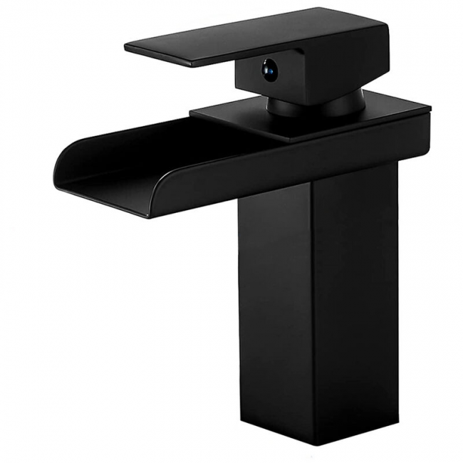 Czarny kran łazienkowy typu wodospad, bateria umywalkowa ze stali nierdzewnej z opcją ciepłej i zimnej wody oraz wężem 3/8 cala