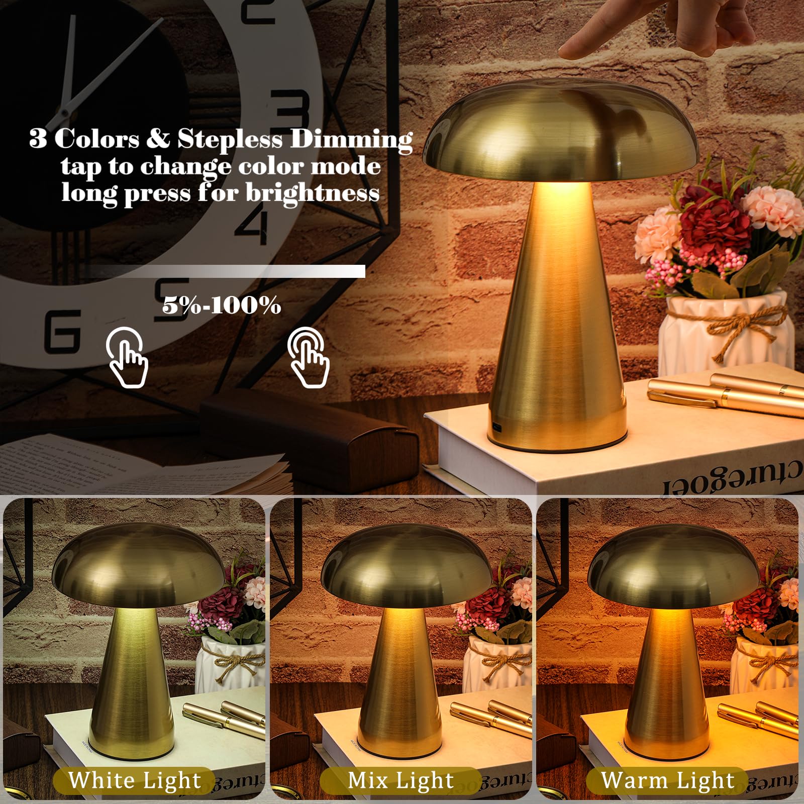 Lampe de table champignon sans fil, lampe de table tactile en métal, lumière tricolore, luminosité réglable en continu, adaptée aux restaurants (doré) - 2