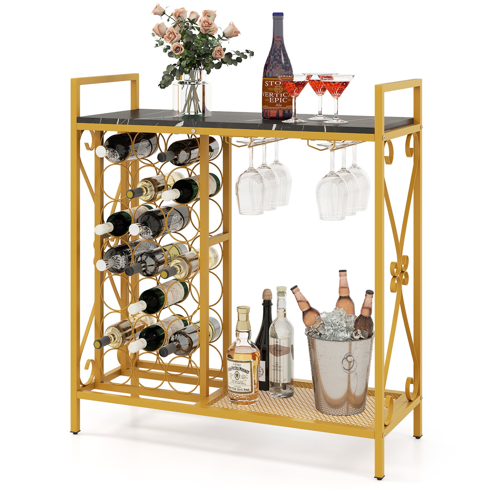 Regał na wino na 21 butelek, wolnostojący regał na butelki z uchwytem na szkło i blatem, stojak na wino, jadalni, baru, 93 x 38 x 102 cm (złoty)