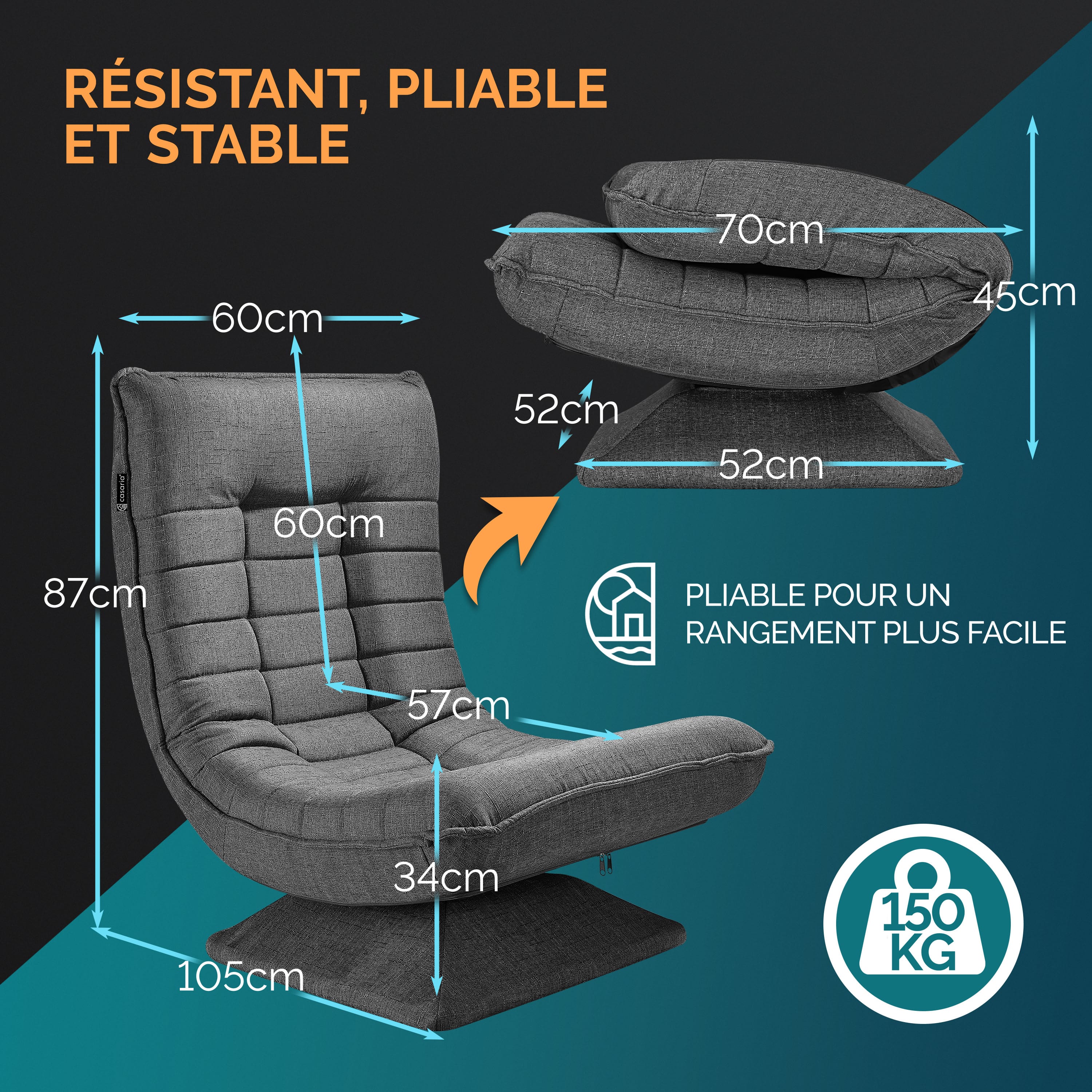 CASARIA® Fauteuil tout confort pivotant à 360° Gris capacité de charge de 150kg siège de gaming 58x57x84/87cm relaxation - 5