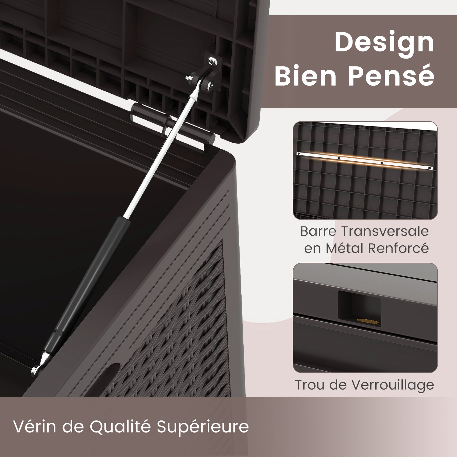 Coffre de Terrasse en Résine 380 L, Banc de Rangement Étanche d'Extérieur avec Couvercle Verrouillable et Roues pour Outils de Jardin, Marron - 4