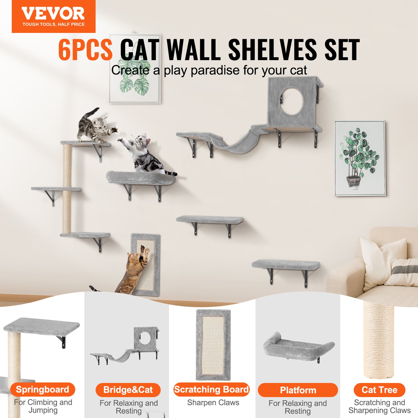 Soporte de pared para gatos,juego de VEVOR 6,juego de muebles de pared,plataforma de salto,hamaca para sofá,40 libras para dormir,jugar,escalar - 2
