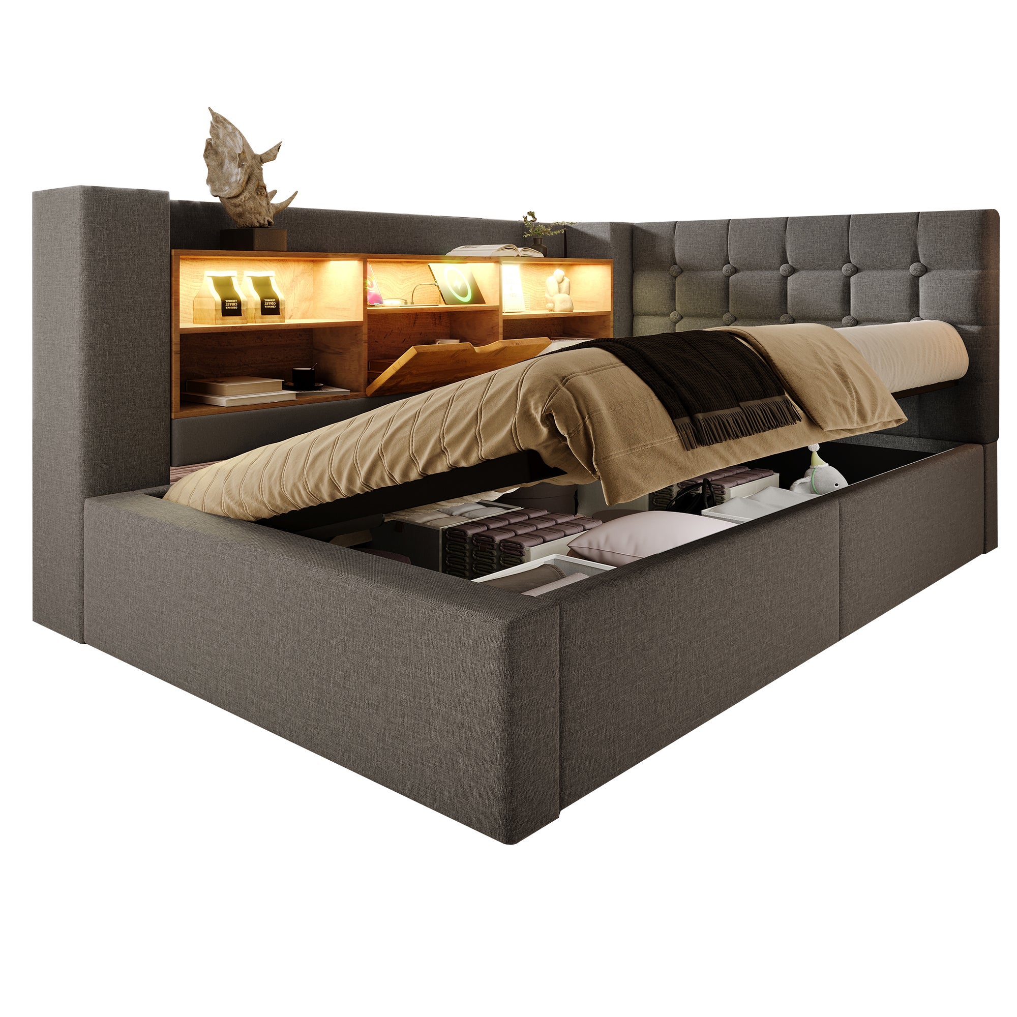 Łóżko z pojemnikiem 90 x 190 cm i 6 przegródkami – tkanina lniana – diody LED i porty USB – kolor szary (materac nie jest dołączony) - 8