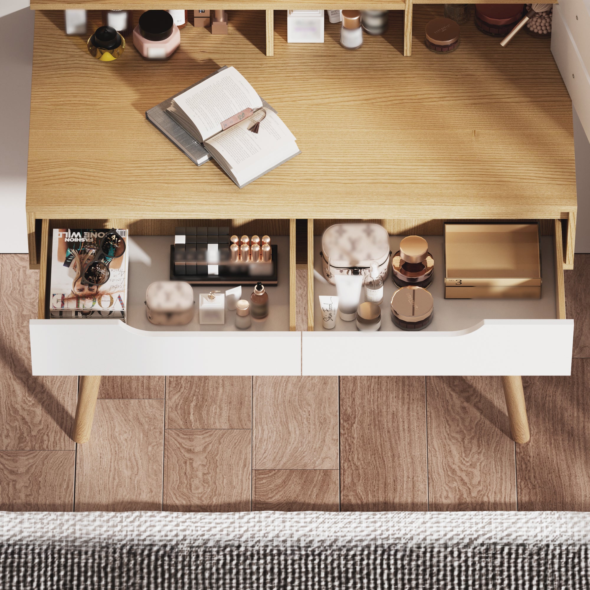 Coiffeuse avec miroir, LED réglable, tabouret rembourré, rangement, MDF naturel - 6