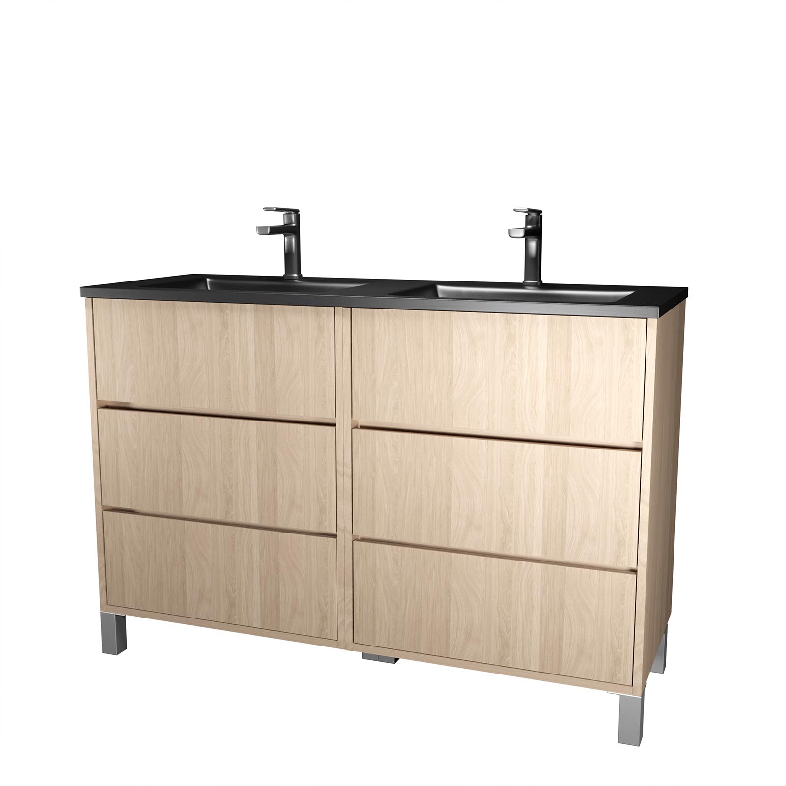 Meuble de salle de bains 120 cm 6 Tiroirs Chêne Clair + Vasque Double Céramique Noire - XENOS - 3