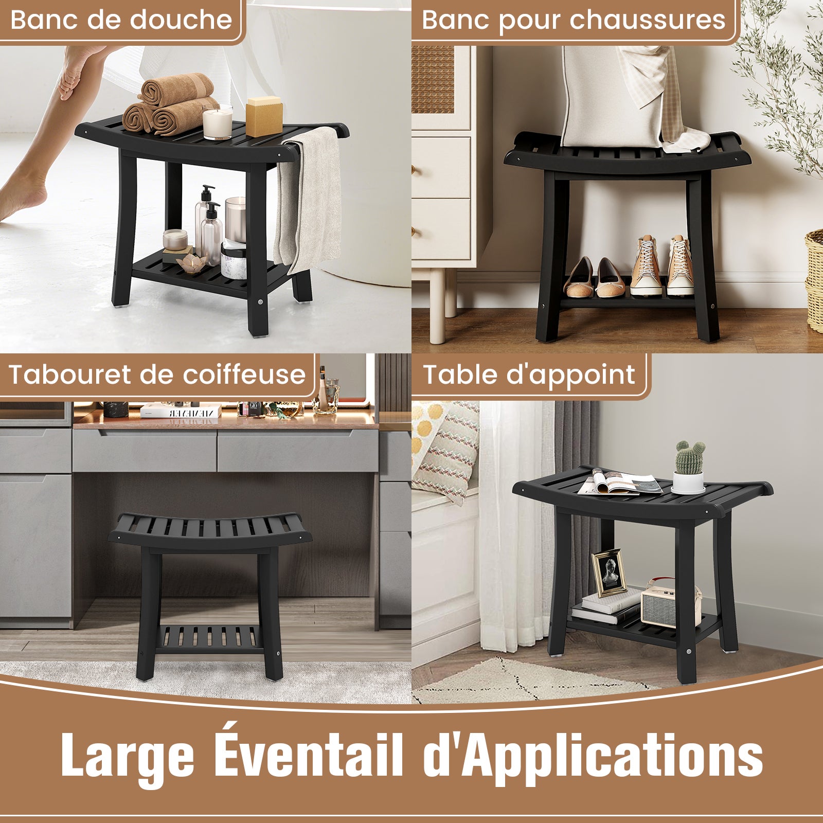 Tabouret Salle de Bain 2 Niveaux en PEHD Étanche, Banc de Douche Antidérapants Siège Incurvé pour Enfants et Adultes Charge 150kg, Noir - 4