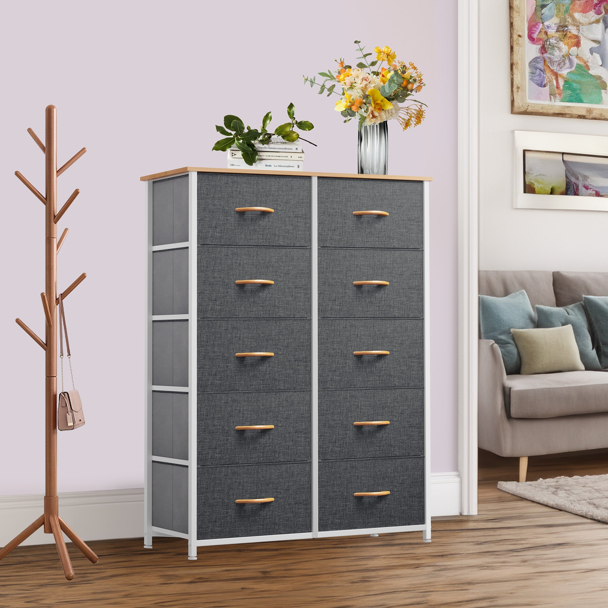 Commode Chambre YITAHOME Commode 10 Tiroirs- Meuble De Rangement En Tissu Pour Chambre, Salon, Armoire, Couloir- Cadre Robuste En Acier, Dessus En Bois & Bacs à Tissus Faciles à Tirer (Beige Organisateur
