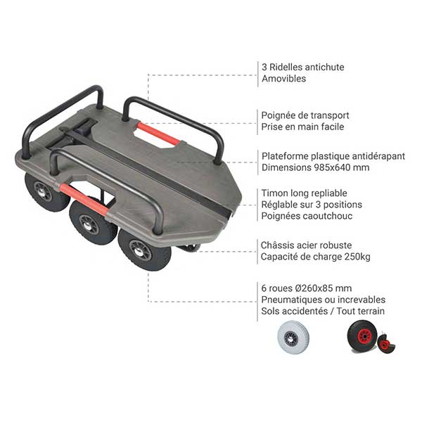 Chariot tout terrain avec 3 ridelles - Roues pneumatiques - Charge max 250kg - M-SUPERHOND-LB-RID - 3