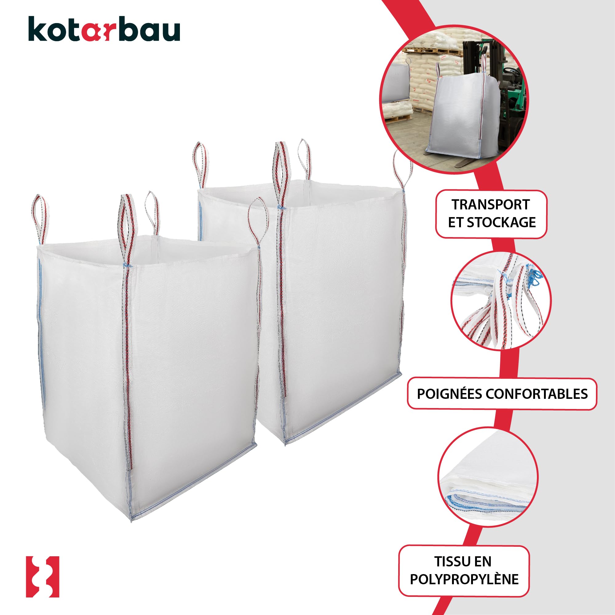 Sac Big Bag Vide, Sac Gravat Chantier 90 x 90 x 120 cm 1000 kg 2 pieces - KOTARBAU - 4