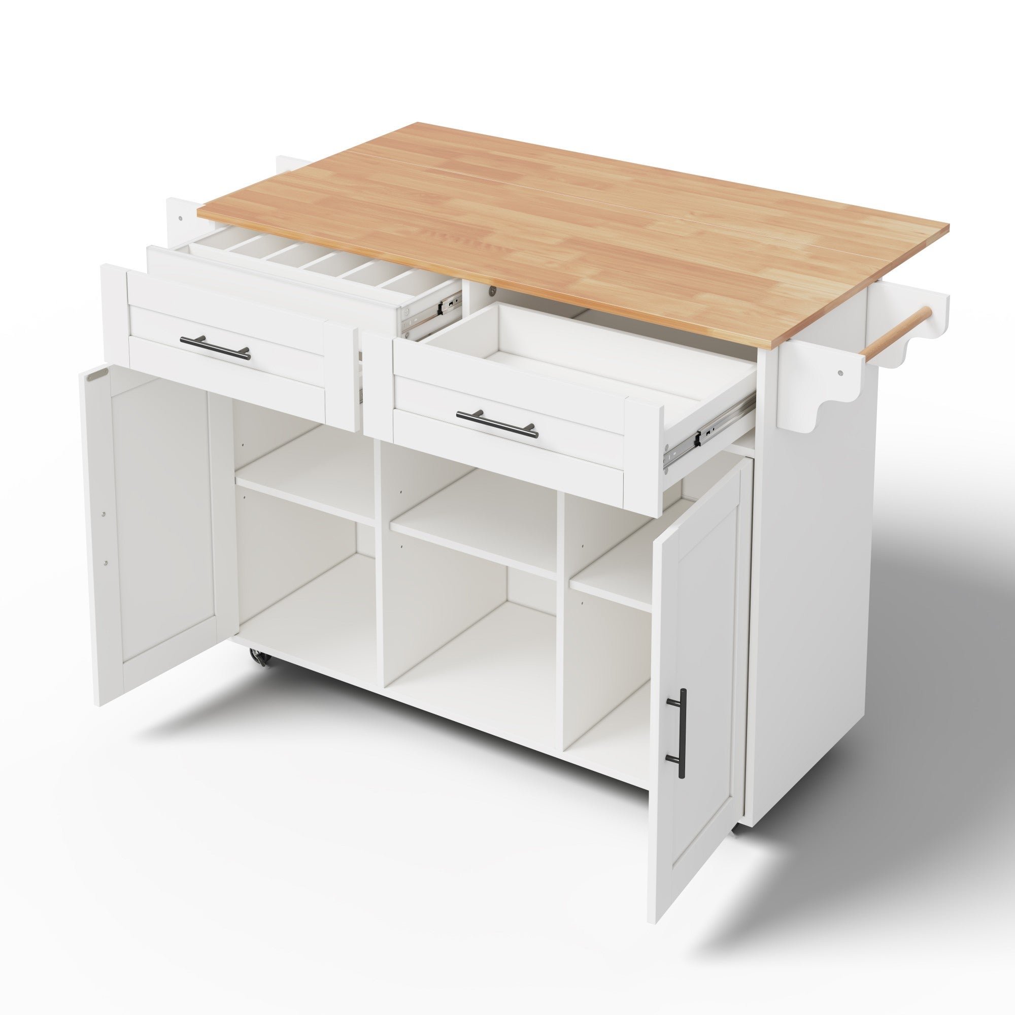 Ilot central de cuisine mobile 145 x 45 x 94,5 cm, Plateau extensible 70 cm,&nbsp;chariot multifonction avec 2 tiroir et 2 porte, porte-serviettes, Blanc - 6