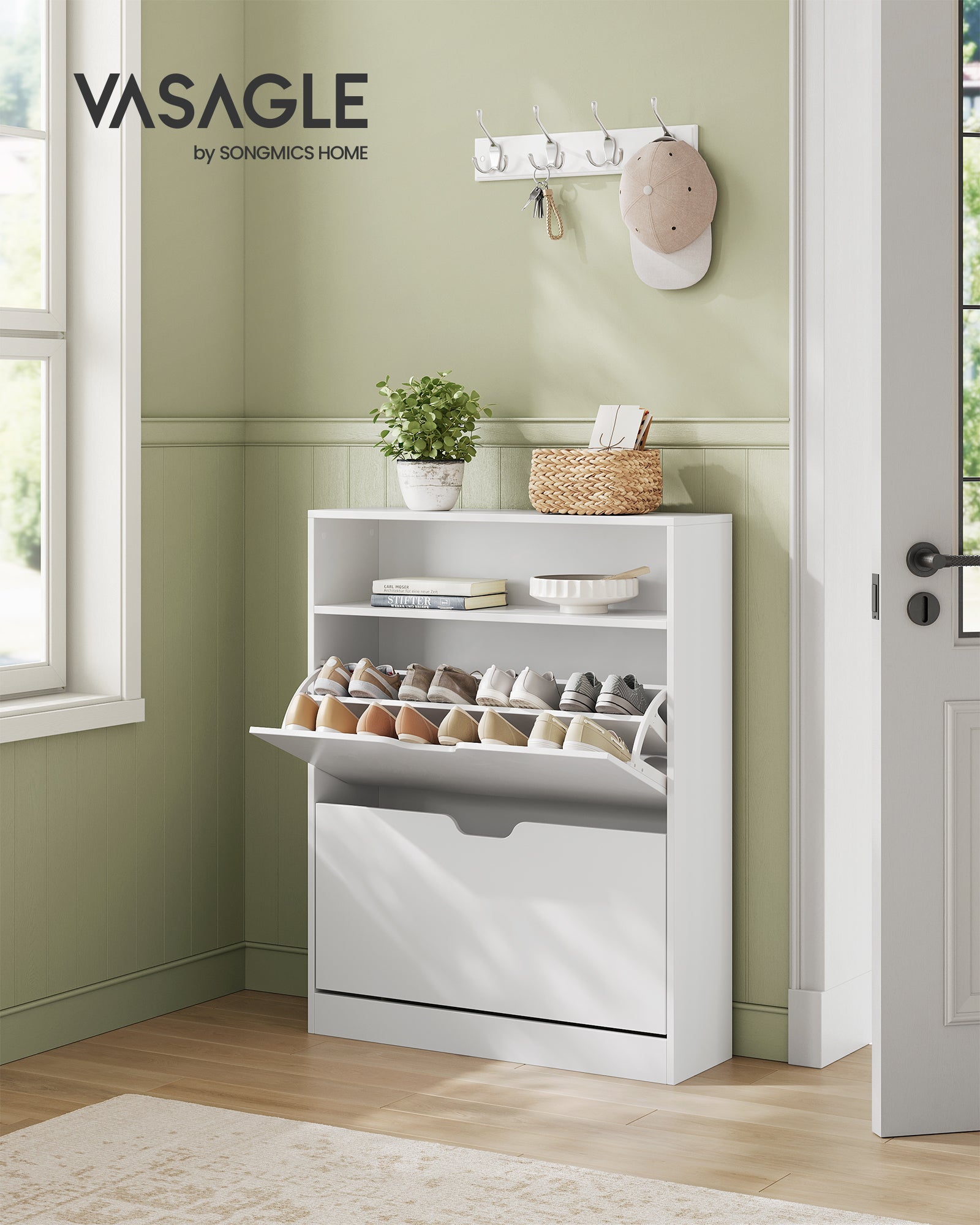 Meuble à Chaussures 2 Portes Battantes,11 à 16 Paires, pour Petite Entrée, 24 x 80 x 102 cm, Blanc Nuage - 2